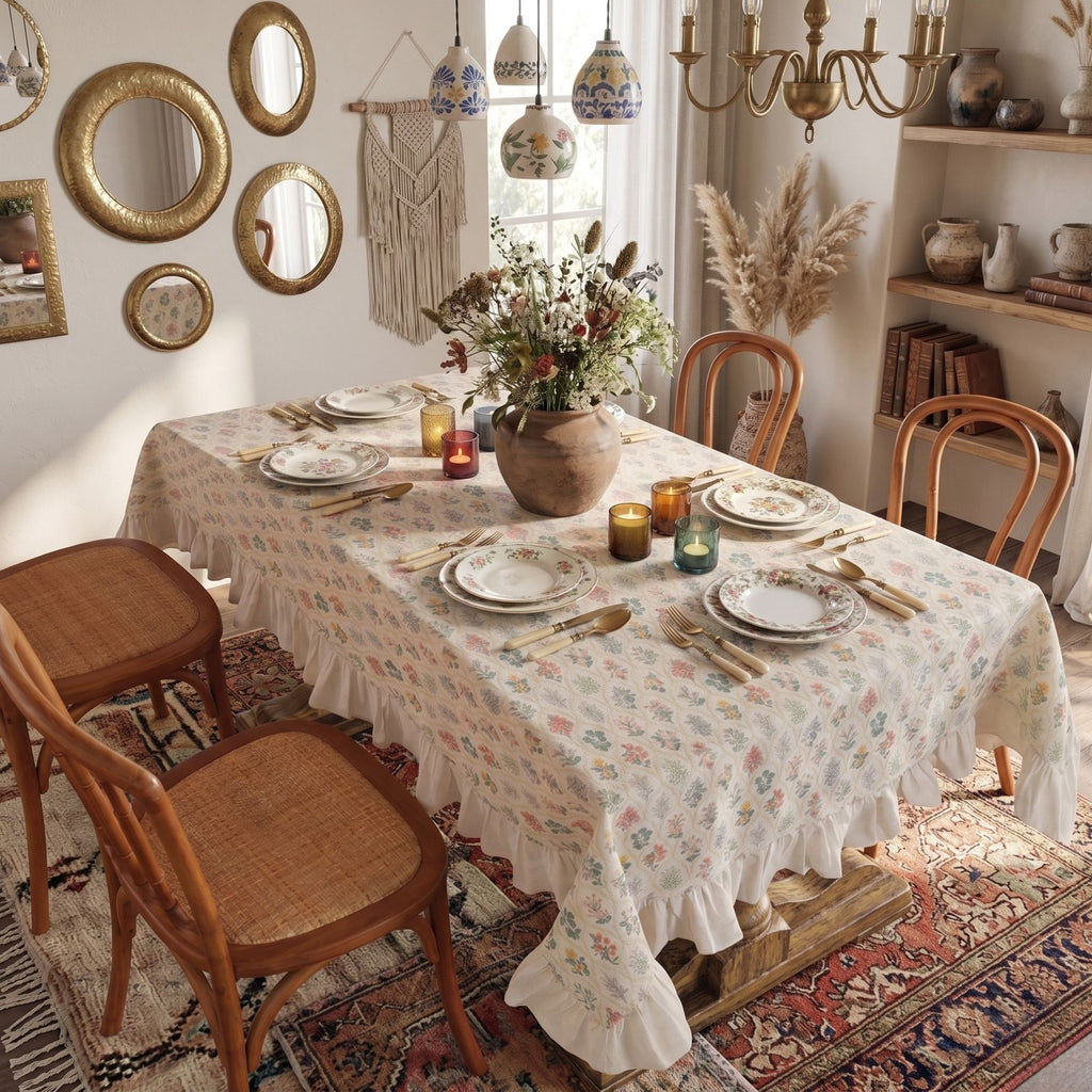Cotton Linen Ruffle Tablecloth | Farmhouse Cottage Style Table Cover