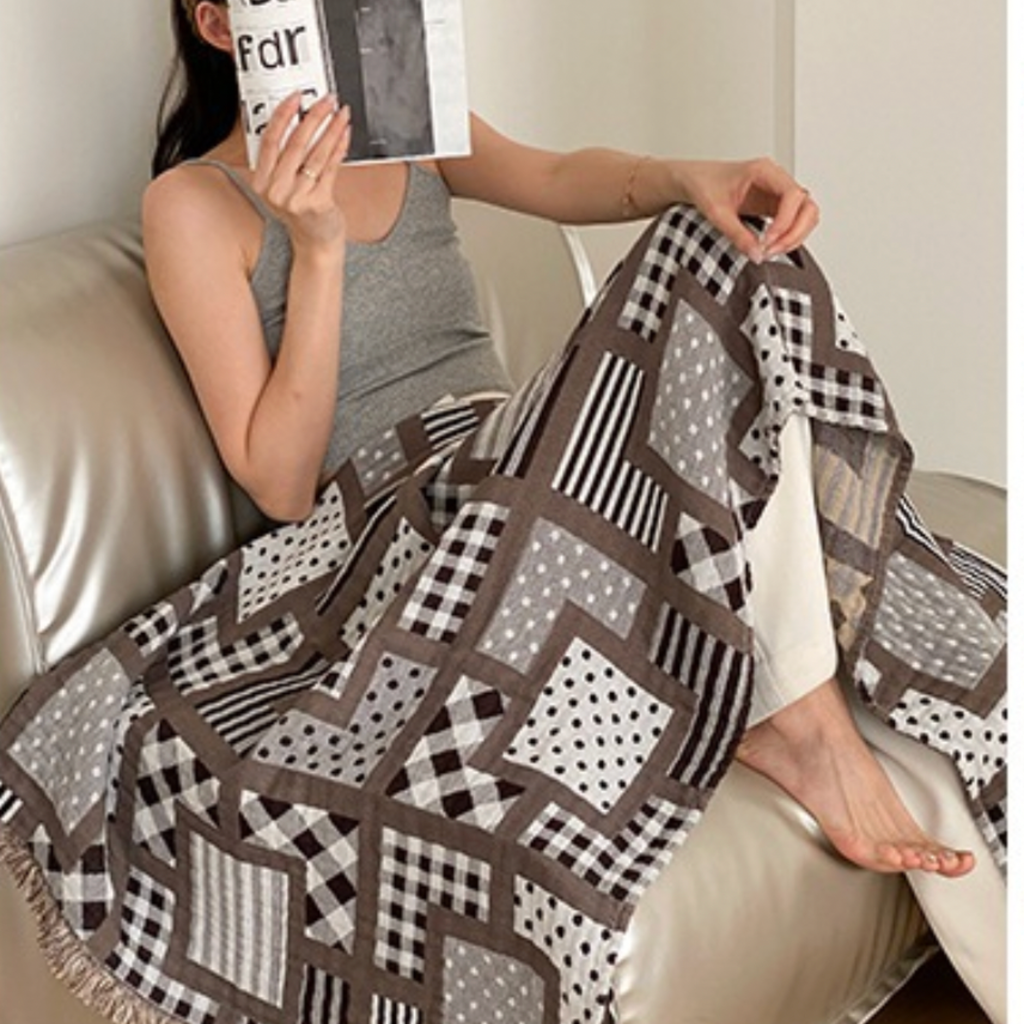 Brown Beige Cotton Gauze Throw Blanket – 80x160 Boho Sofa & Beach Throw