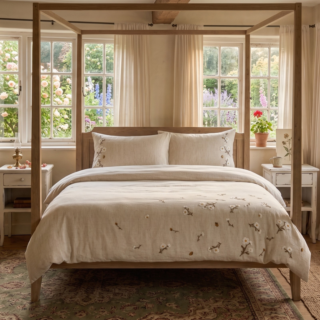 Floral Embroidered Bedding Set, Cotton Linen Duvet Cover, Sheet & Pillowcases