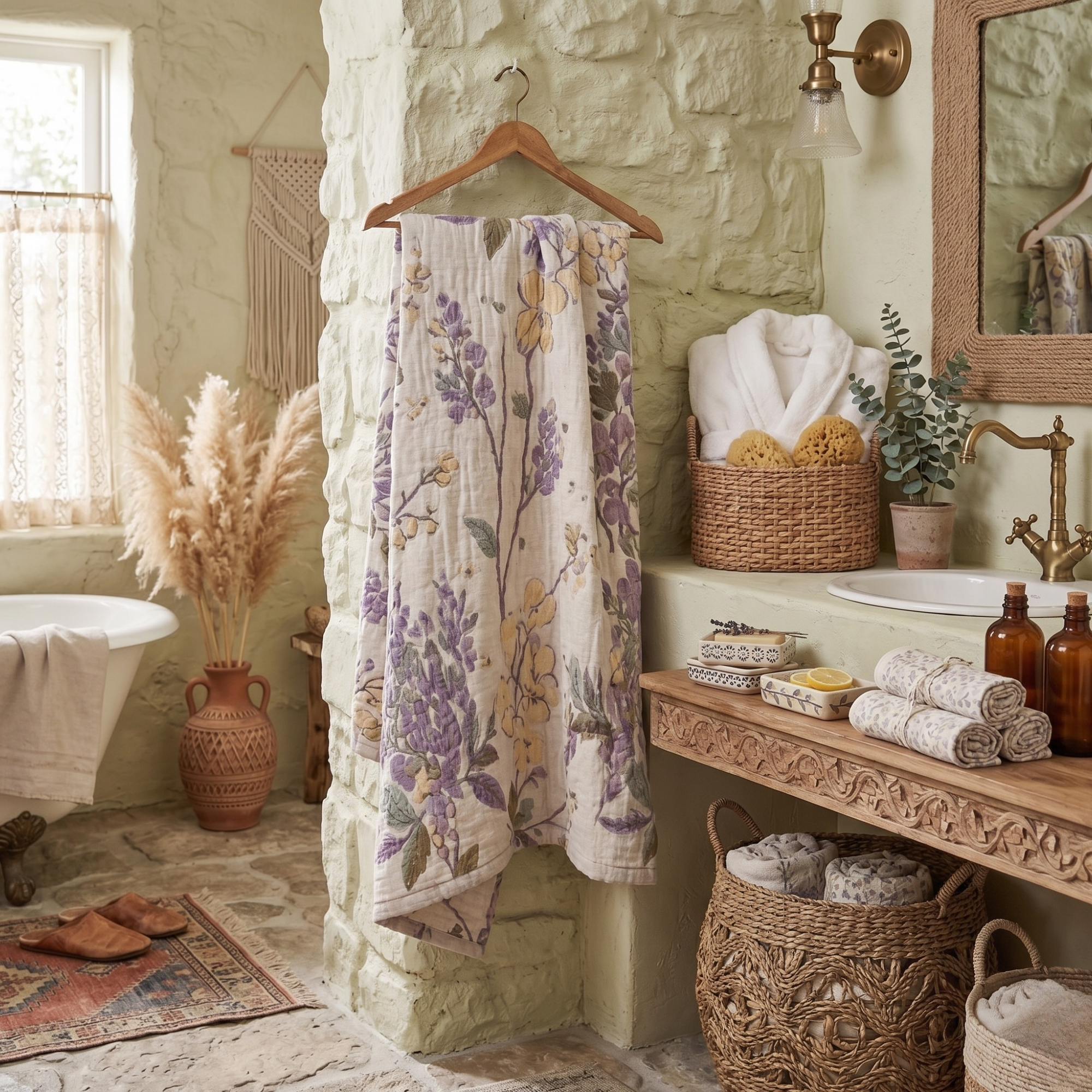 Botanical Cotton Gauze Towel Blanket – Soft Absorbent Floral Throw for Beach, Spa & Summer Home
