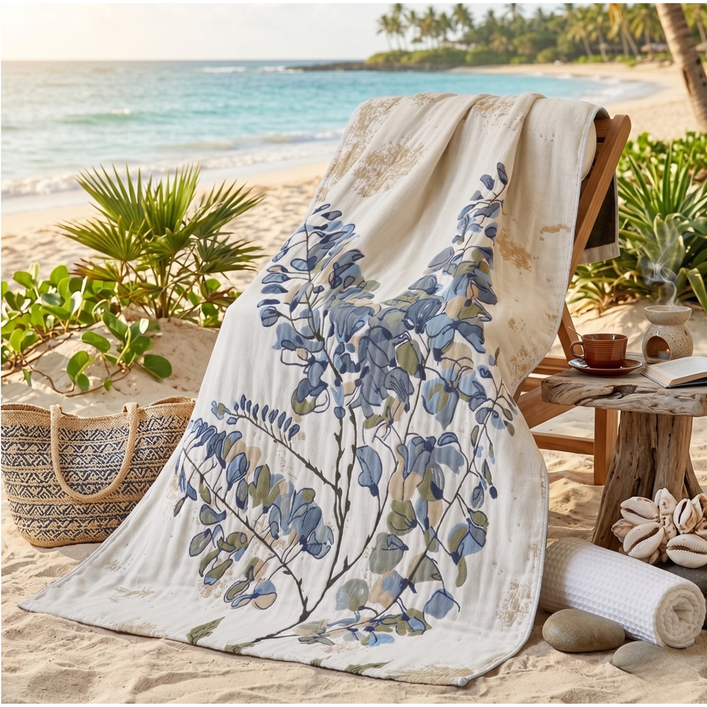 Botanical Cotton Gauze Towel Blanket – Soft Absorbent Floral Throw for Beach, Spa & Summer Home