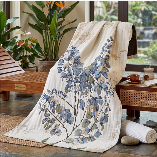 Botanical Cotton Gauze Towel Blanket – Soft Absorbent Floral Throw for Beach, Spa & Summer Home