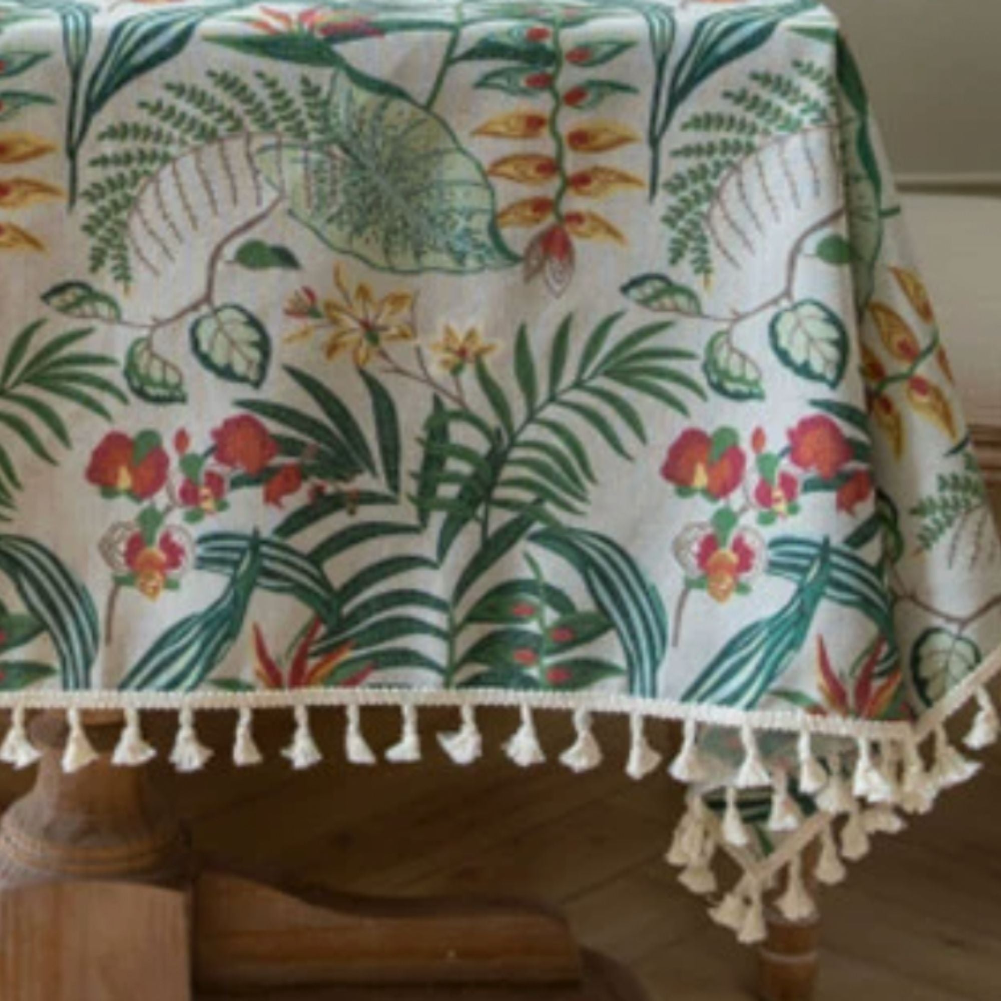 Botanical Cotton Linen Tassel Tablecloth | Boho Farmhouse Dining Table Cover