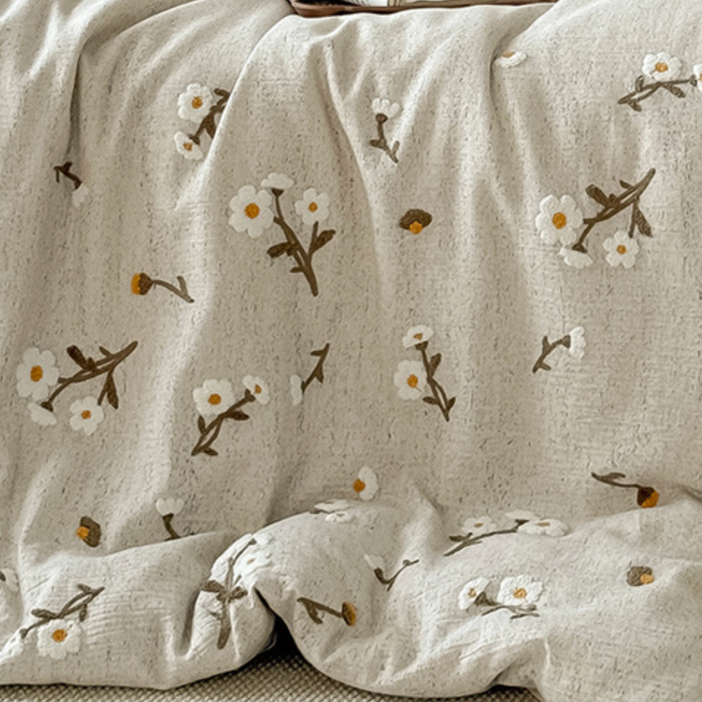 Floral Embroidered Bedding Set, Cotton Linen Duvet Cover, Sheet & Pillowcases