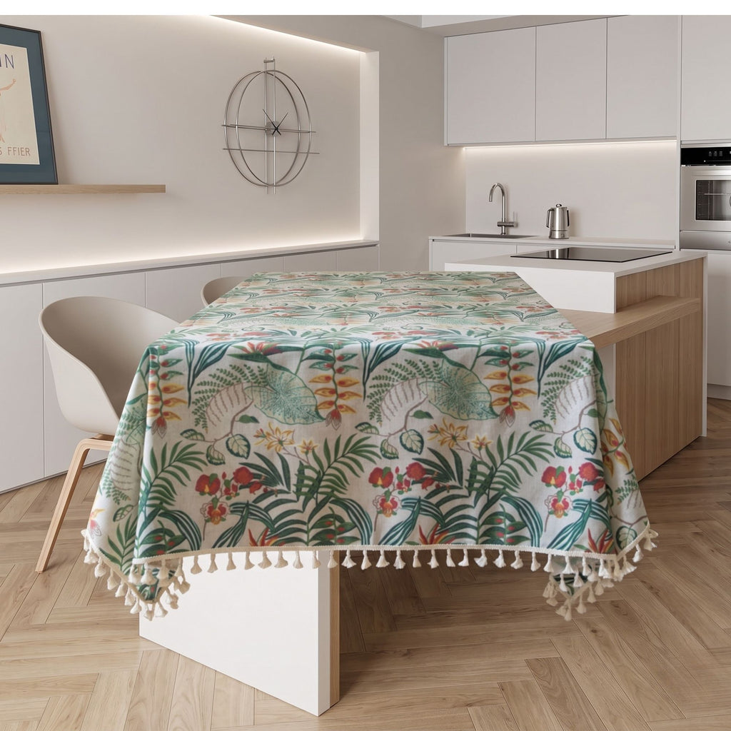Botanical Cotton Linen Tassel Tablecloth | Boho Farmhouse Dining Table Cover