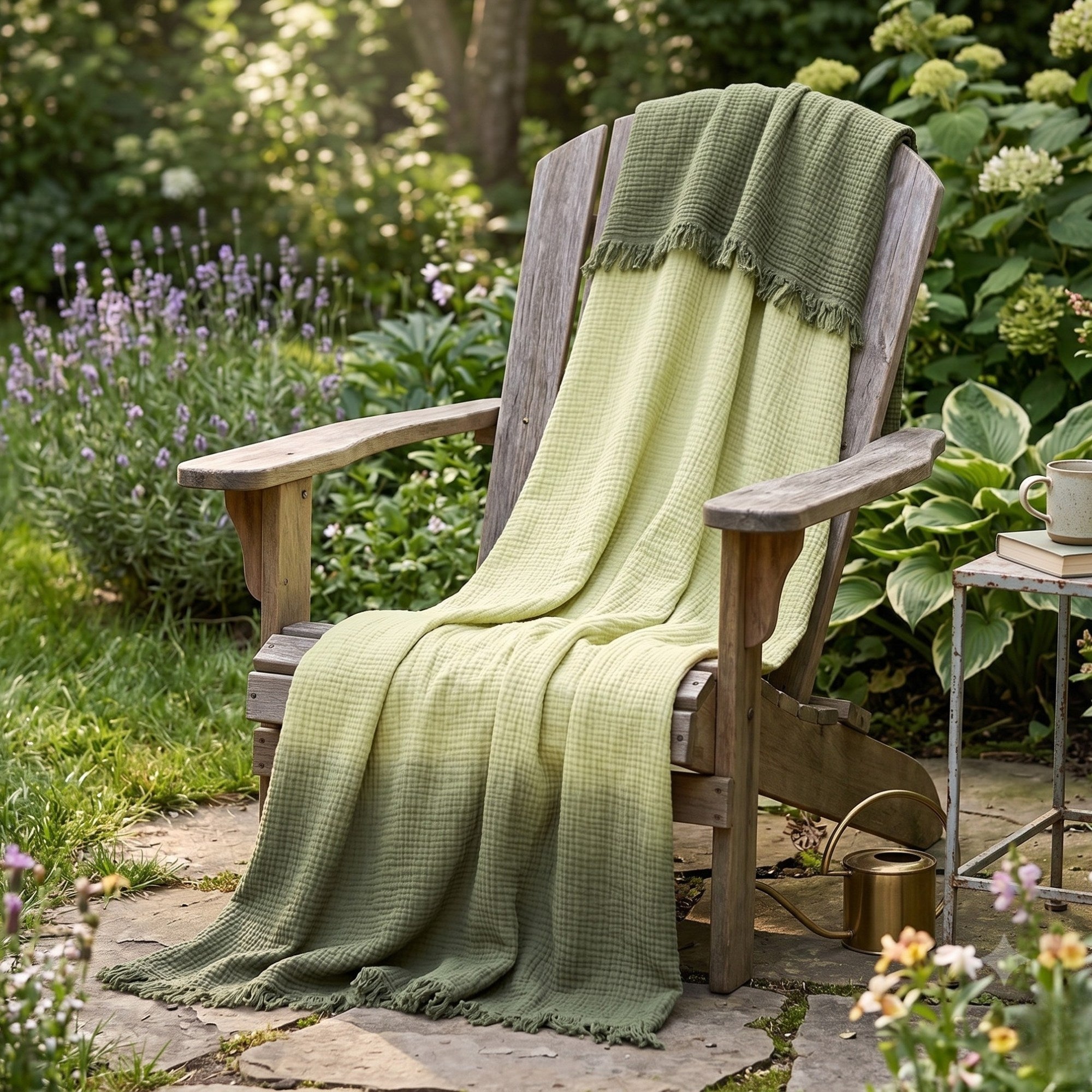 Cotton Gauze Throw Blanket – Ombre Gradient, 4 Layer Muslin with Fringe