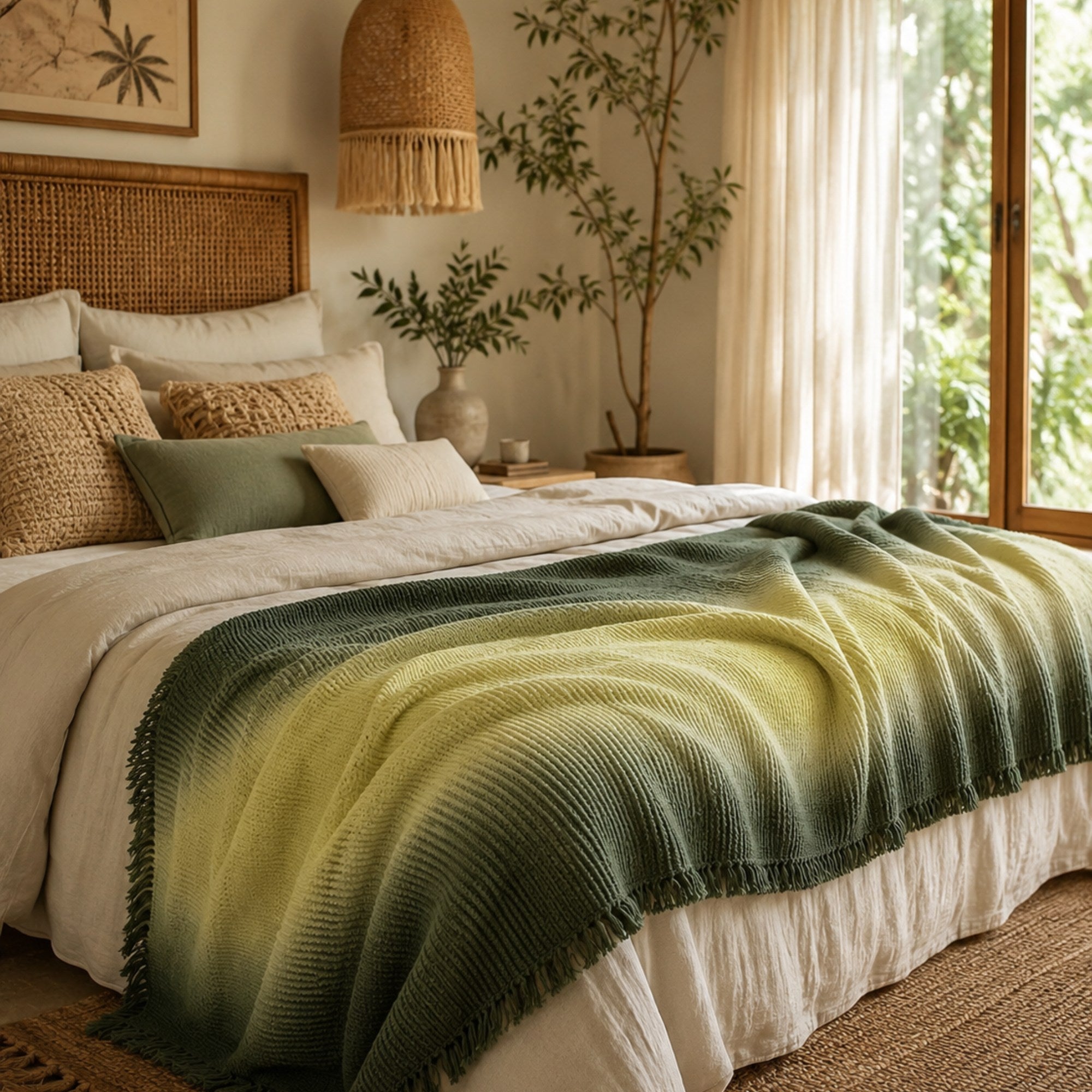 Cotton Gauze Throw Blanket – Ombre Gradient, 4 Layer Muslin with Fringe