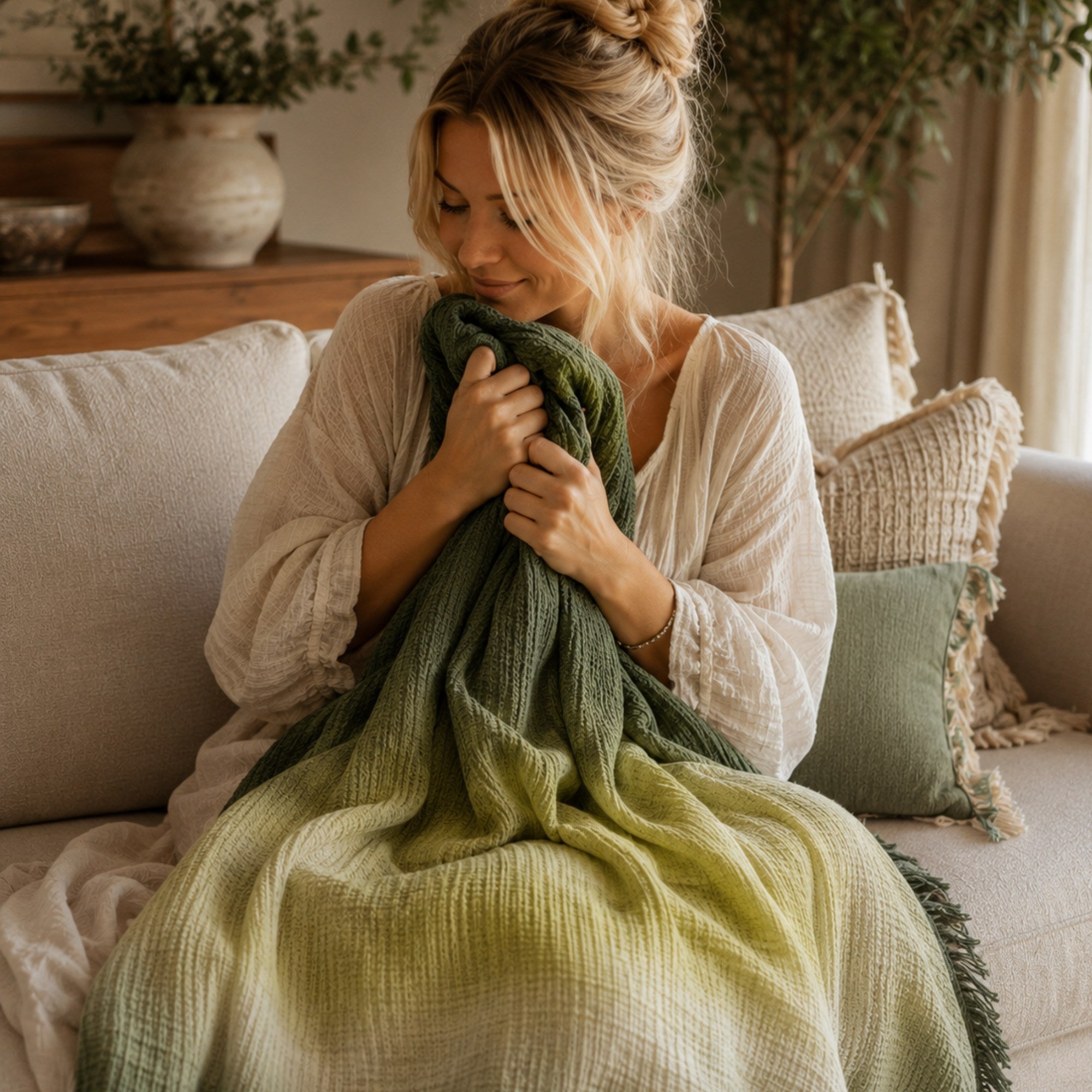 Cotton Gauze Throw Blanket – Ombre Gradient, 4 Layer Muslin with Fringe