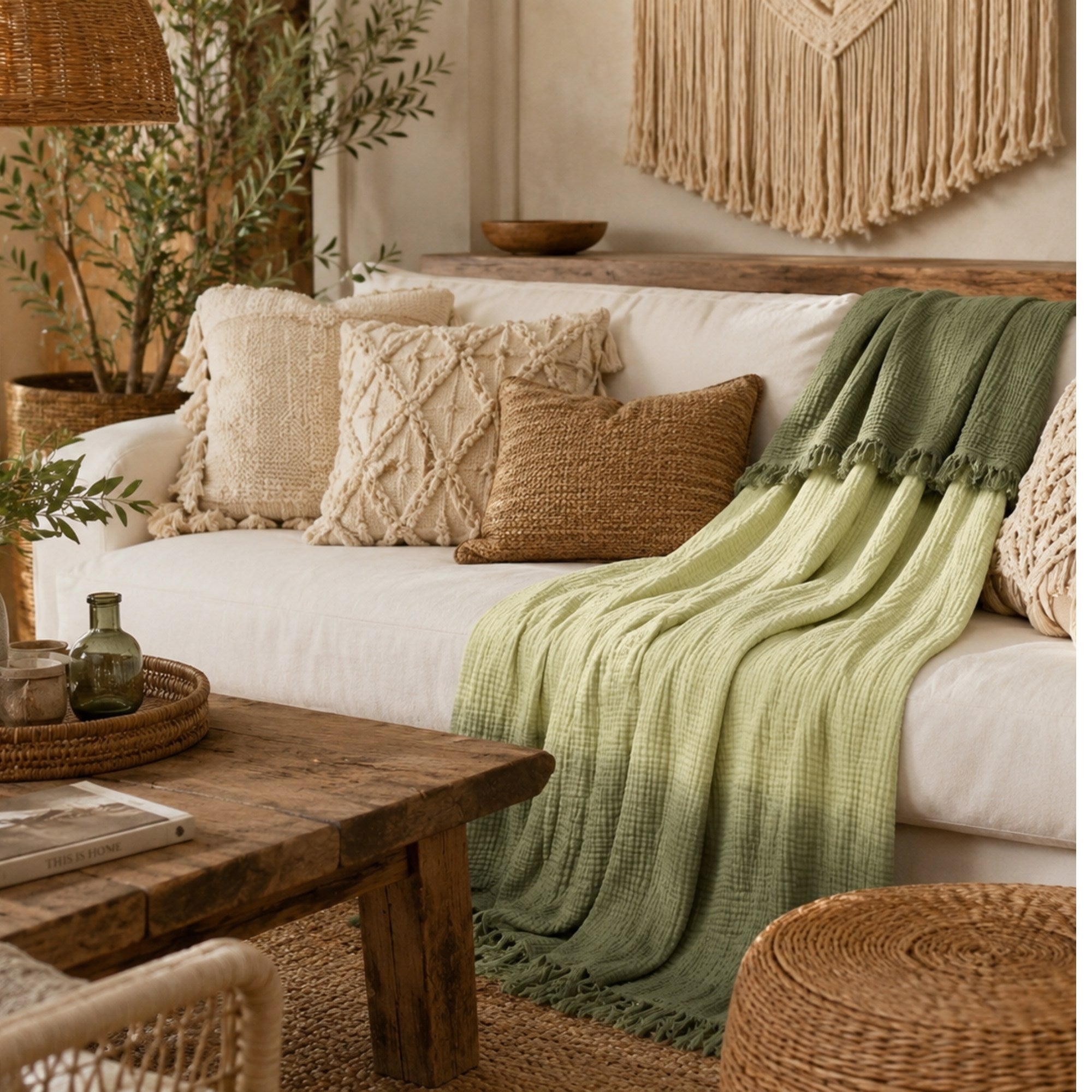 Cotton Gauze Throw Blanket – Ombre Gradient, 4 Layer Muslin with Fringe