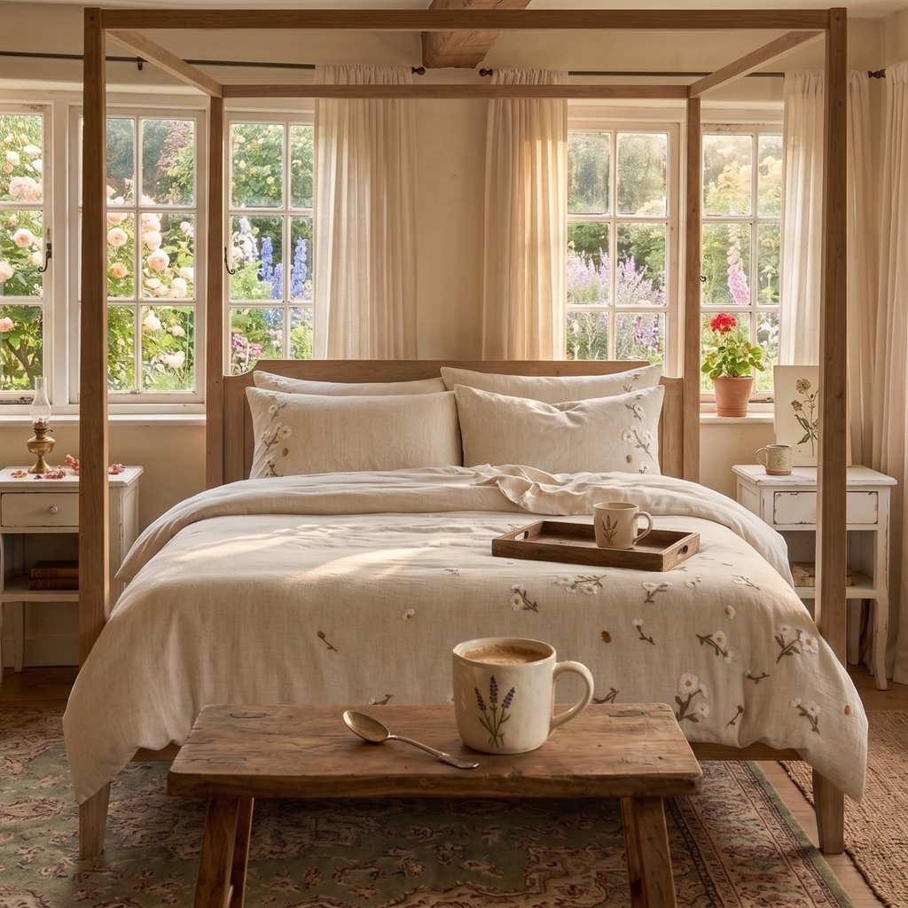 Floral Embroidered Bedding Set, Cotton Linen Duvet Cover, Sheet & Pillowcases