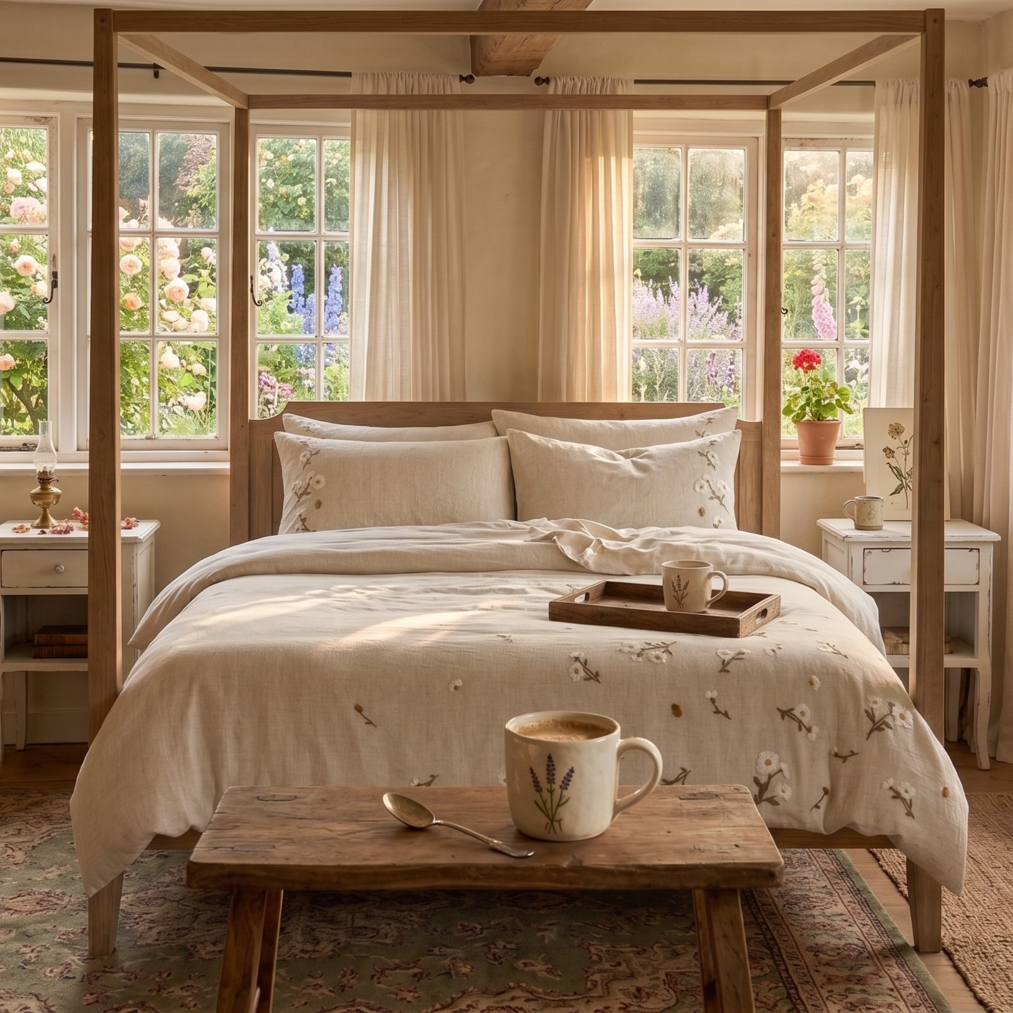 Floral Embroidered Bedding Set, Cotton Linen Duvet Cover, Sheet & Pillowcases