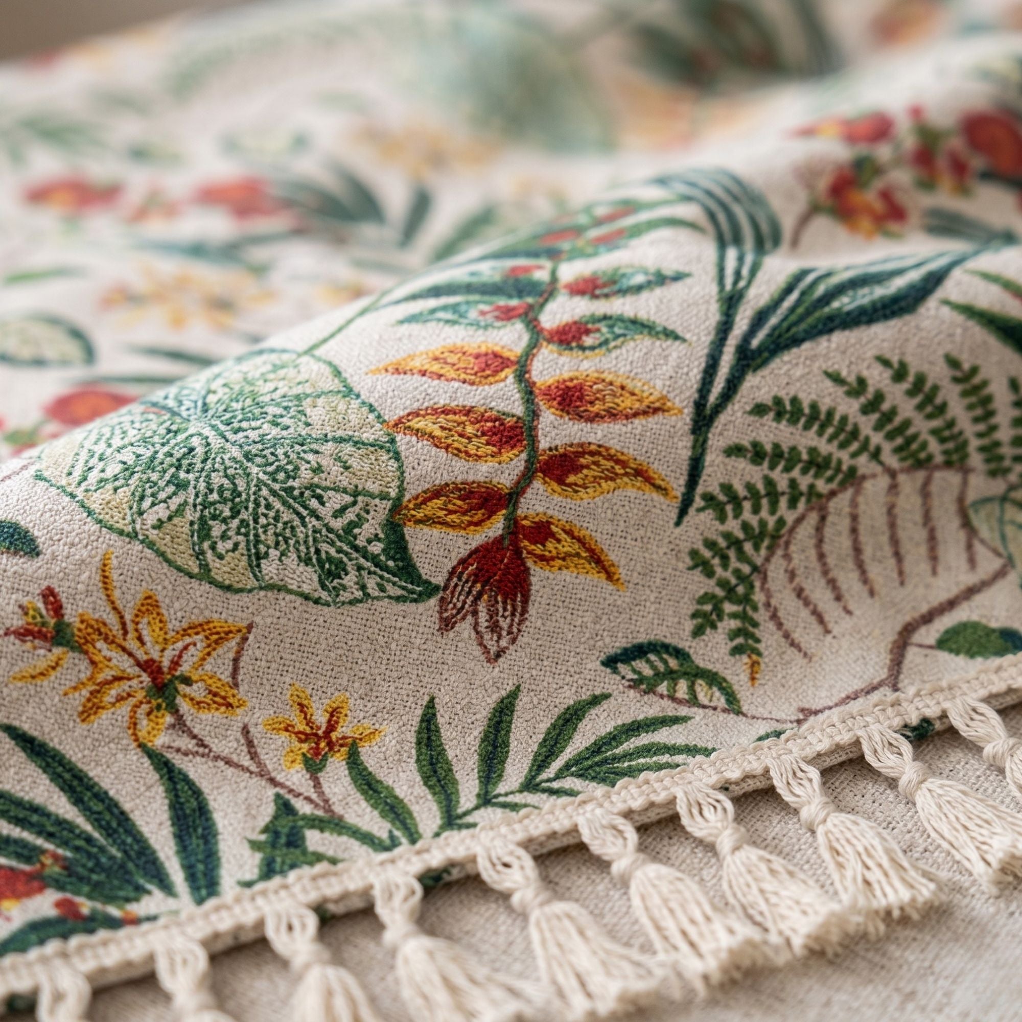 Botanical Cotton Linen Tassel Tablecloth | Boho Farmhouse Dining Table Cover