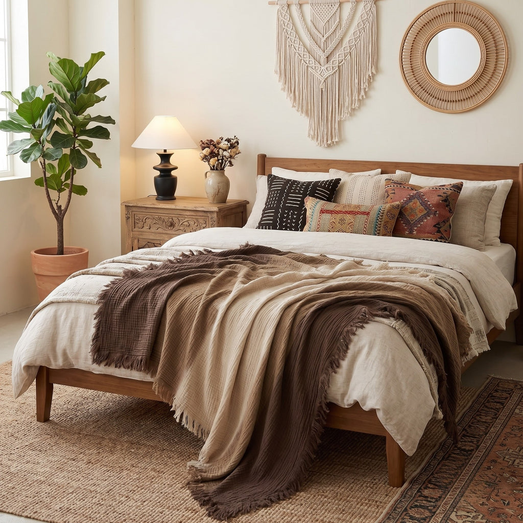 Cotton Gauze Throw Blanket – Ombre Gradient, 4 Layer Muslin with Fringe