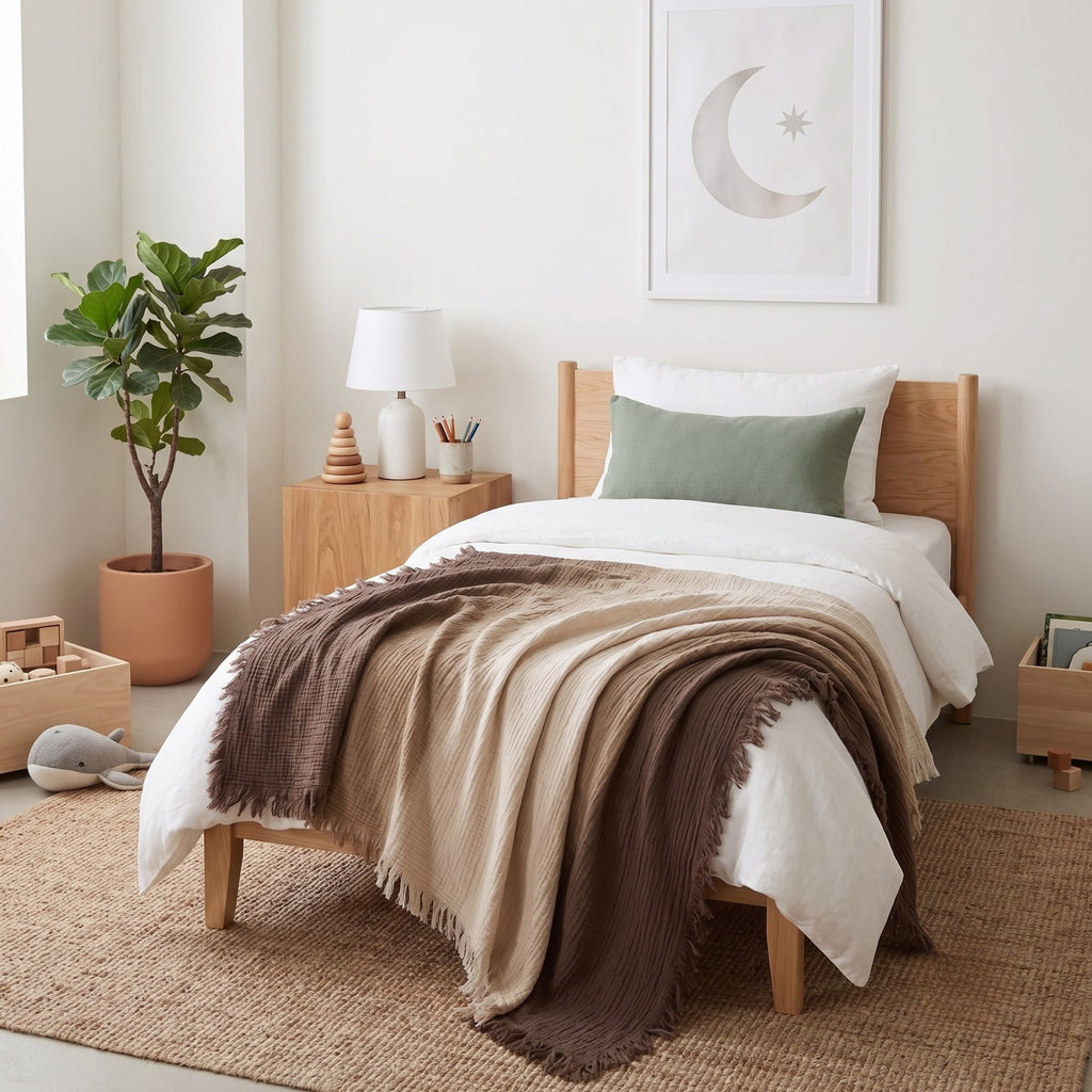 Cotton Gauze Throw Blanket – Ombre Gradient, 4 Layer Muslin with Fringe