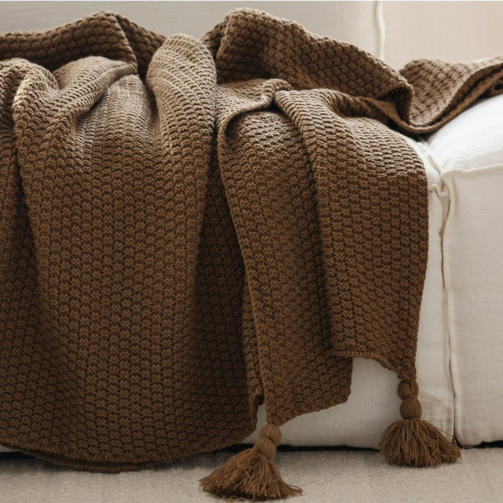 Brown Knit Tassel Throw
