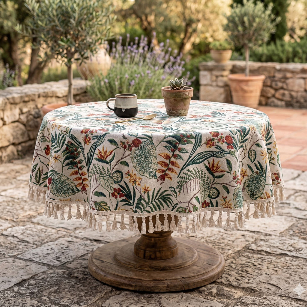 Botanical Cotton Linen Tassel Tablecloth | Boho Farmhouse Dining Table Cover