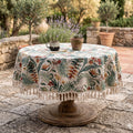 Botanical Cotton Linen Tassel Tablecloth | Boho Farmhouse Dining Table Cover