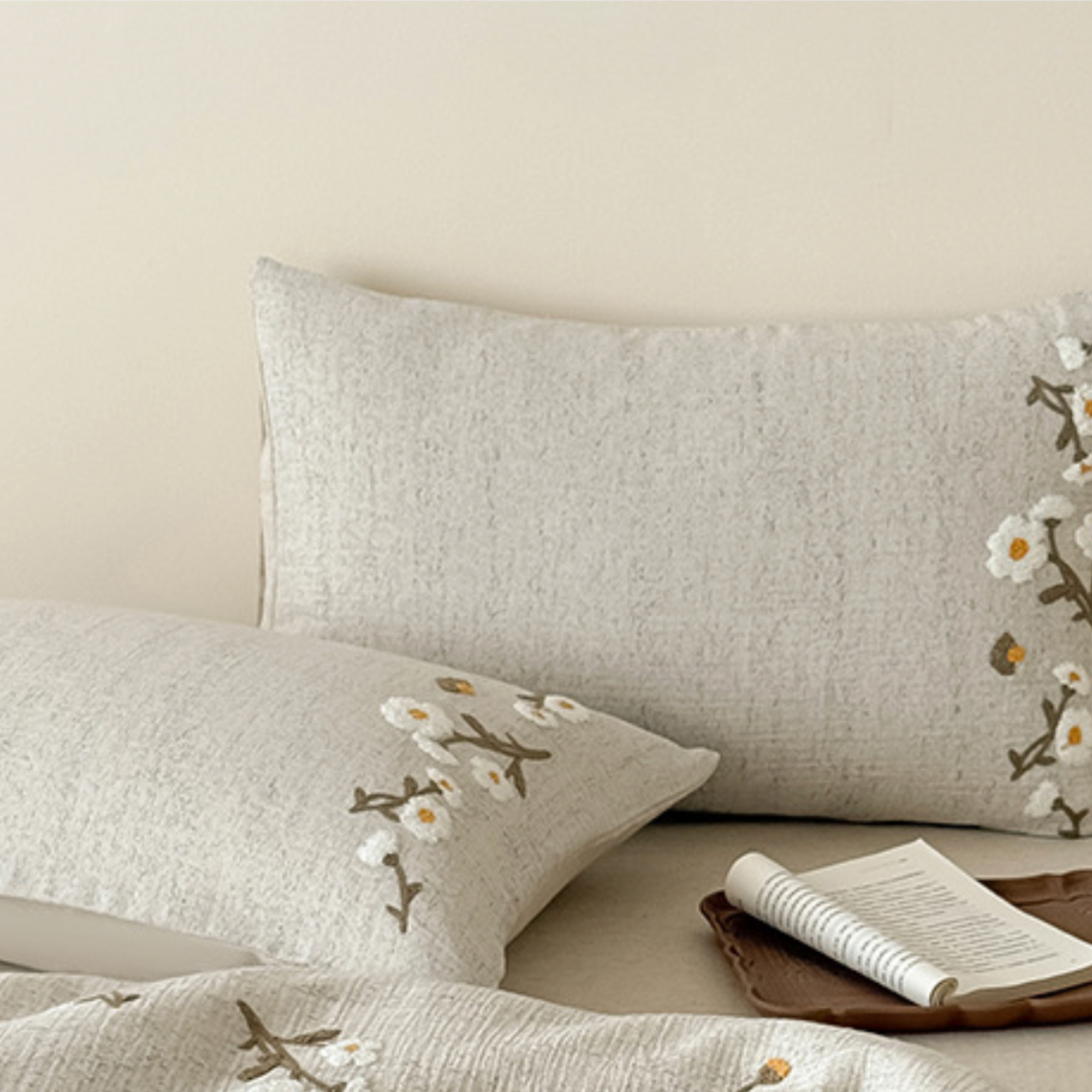 Floral Embroidered Bedding Set, Cotton Linen Duvet Cover, Sheet & Pillowcases