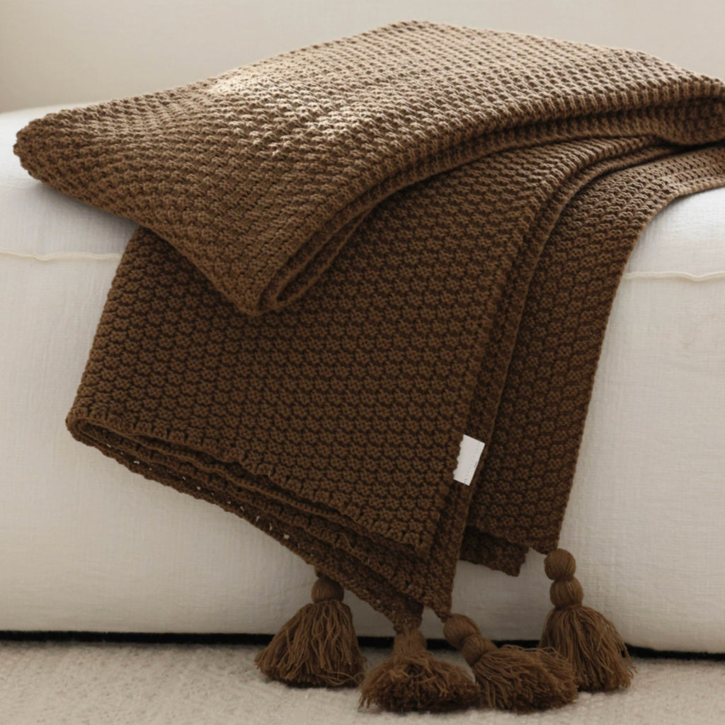 Brown Knit Tassel Throw