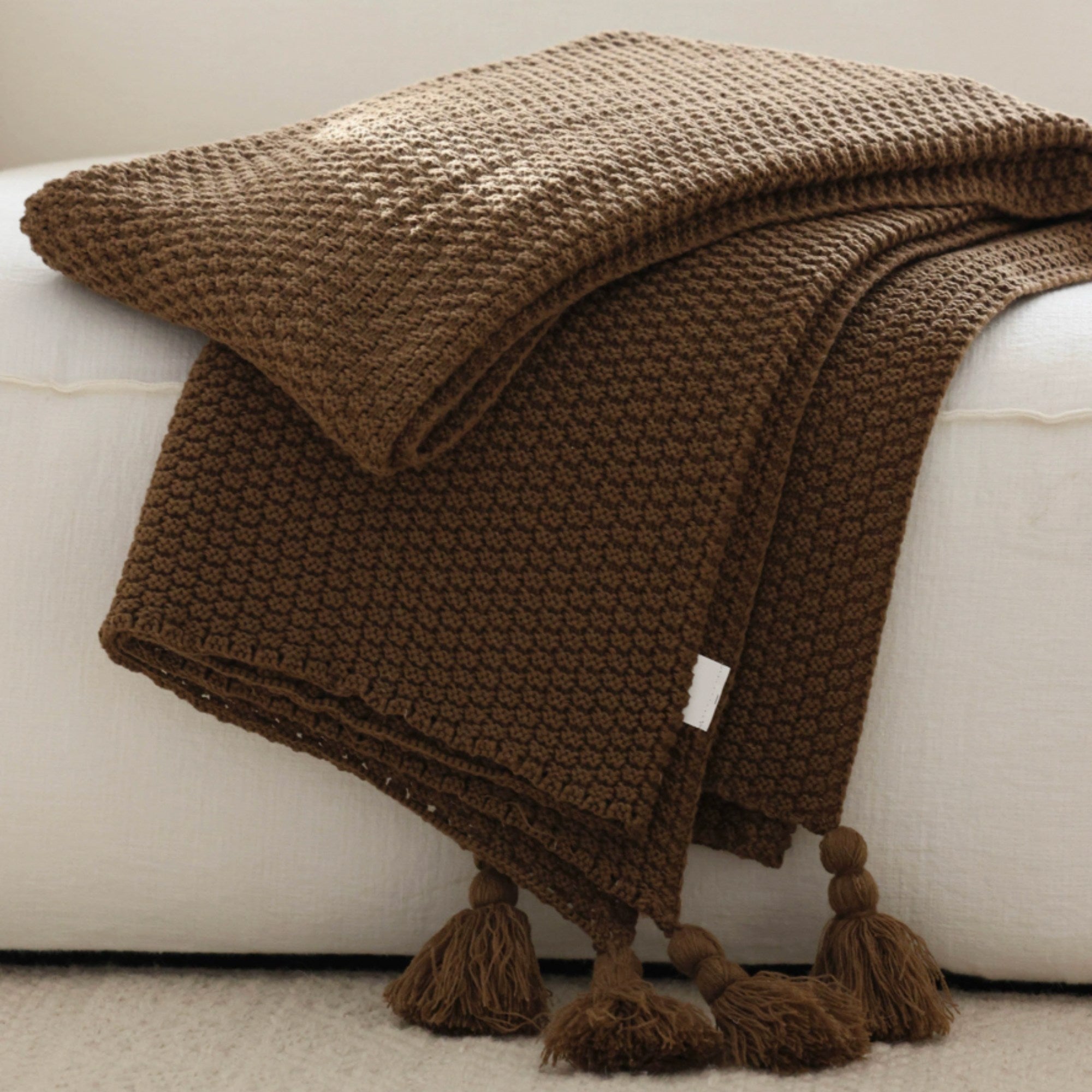 Brown Knit Tassel Throw