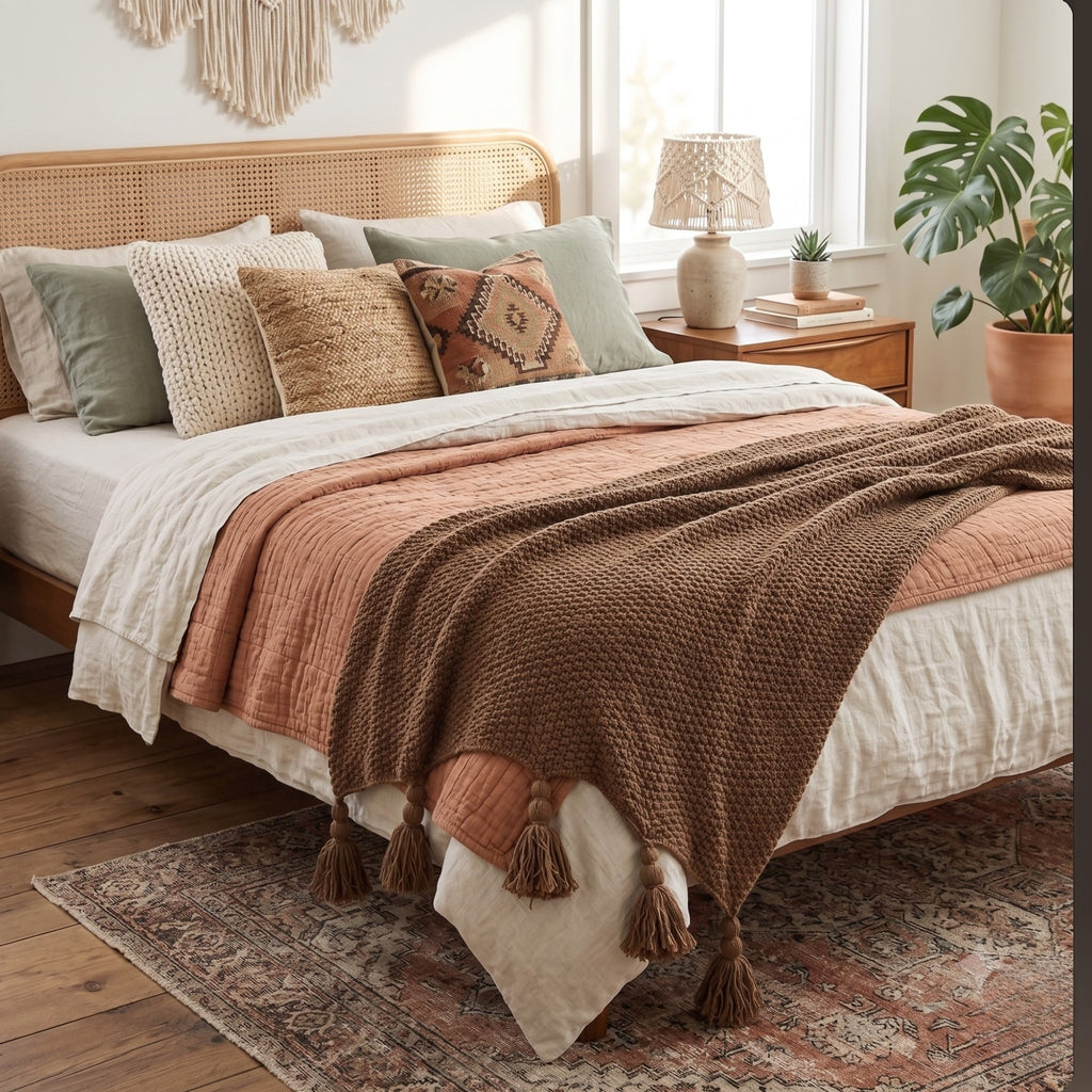 Brown Knit Tassel Throw