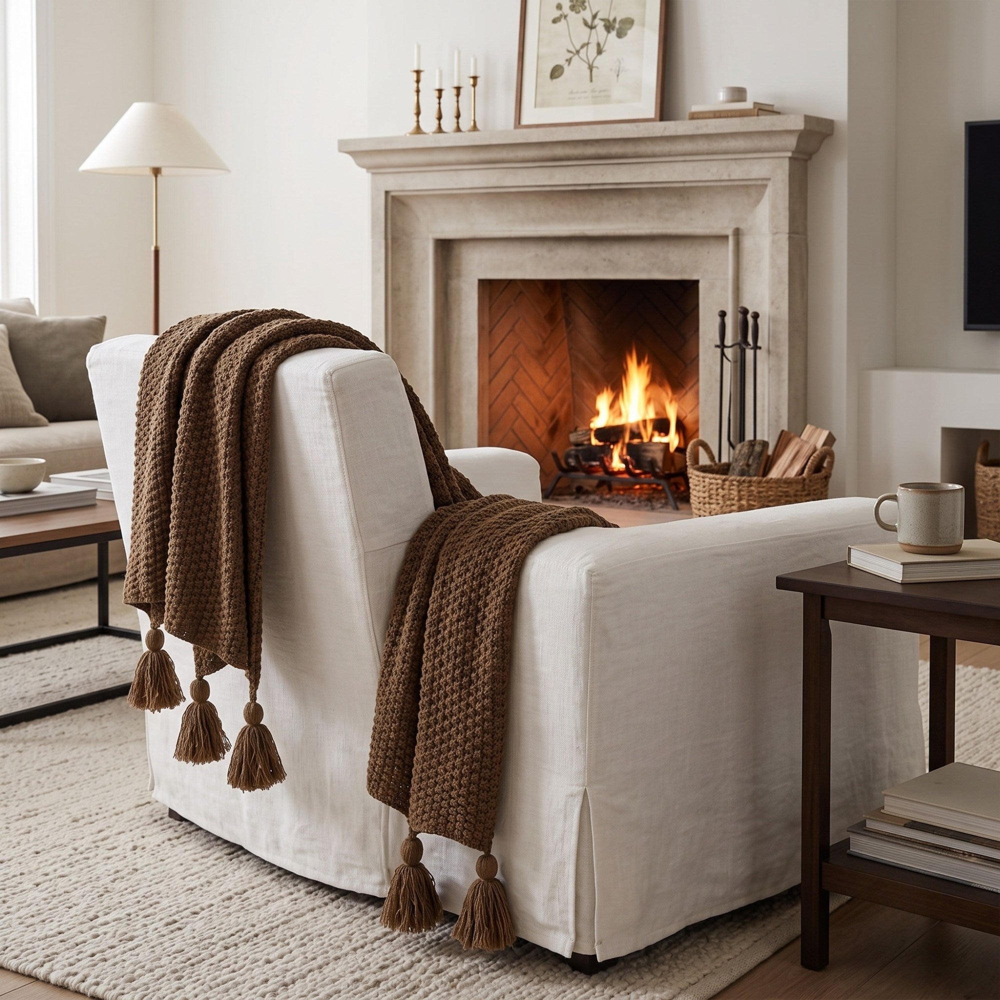 Brown Knit Tassel Throw