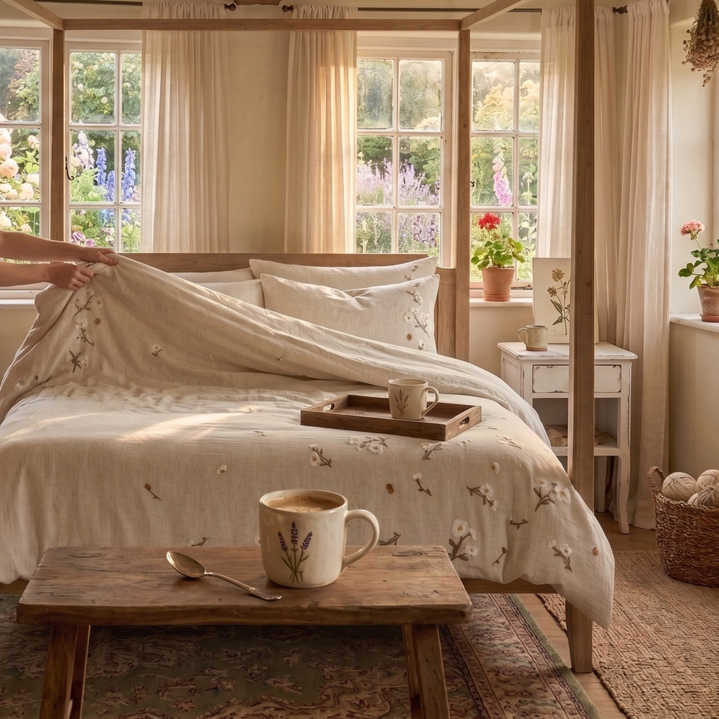 Floral Embroidered Bedding Set, Cotton Linen Duvet Cover, Sheet & Pillowcases