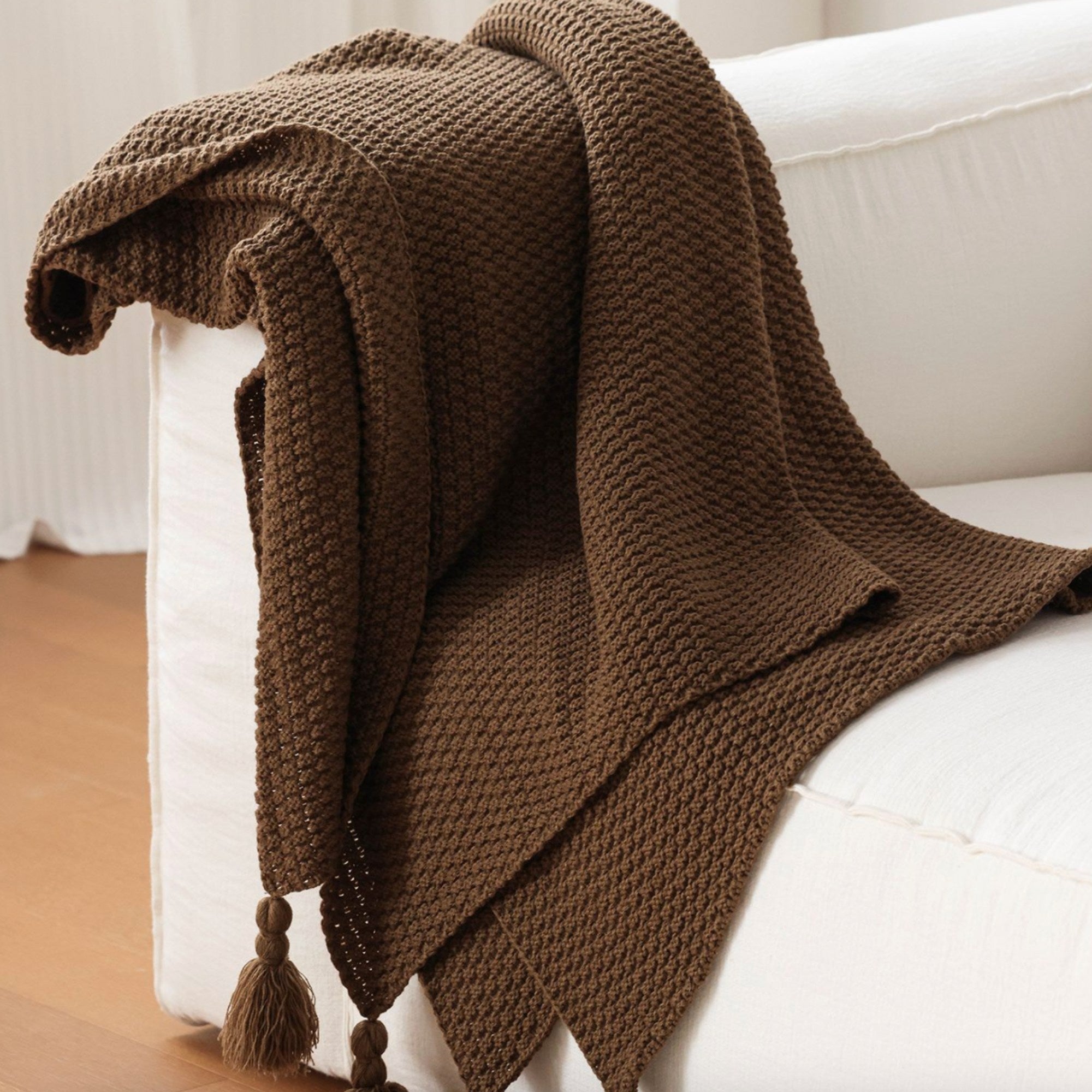 Brown Knit Tassel Throw