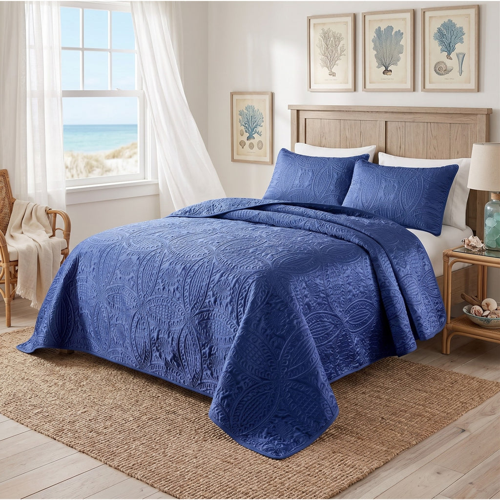 Blue Embossed Bedspread Set
