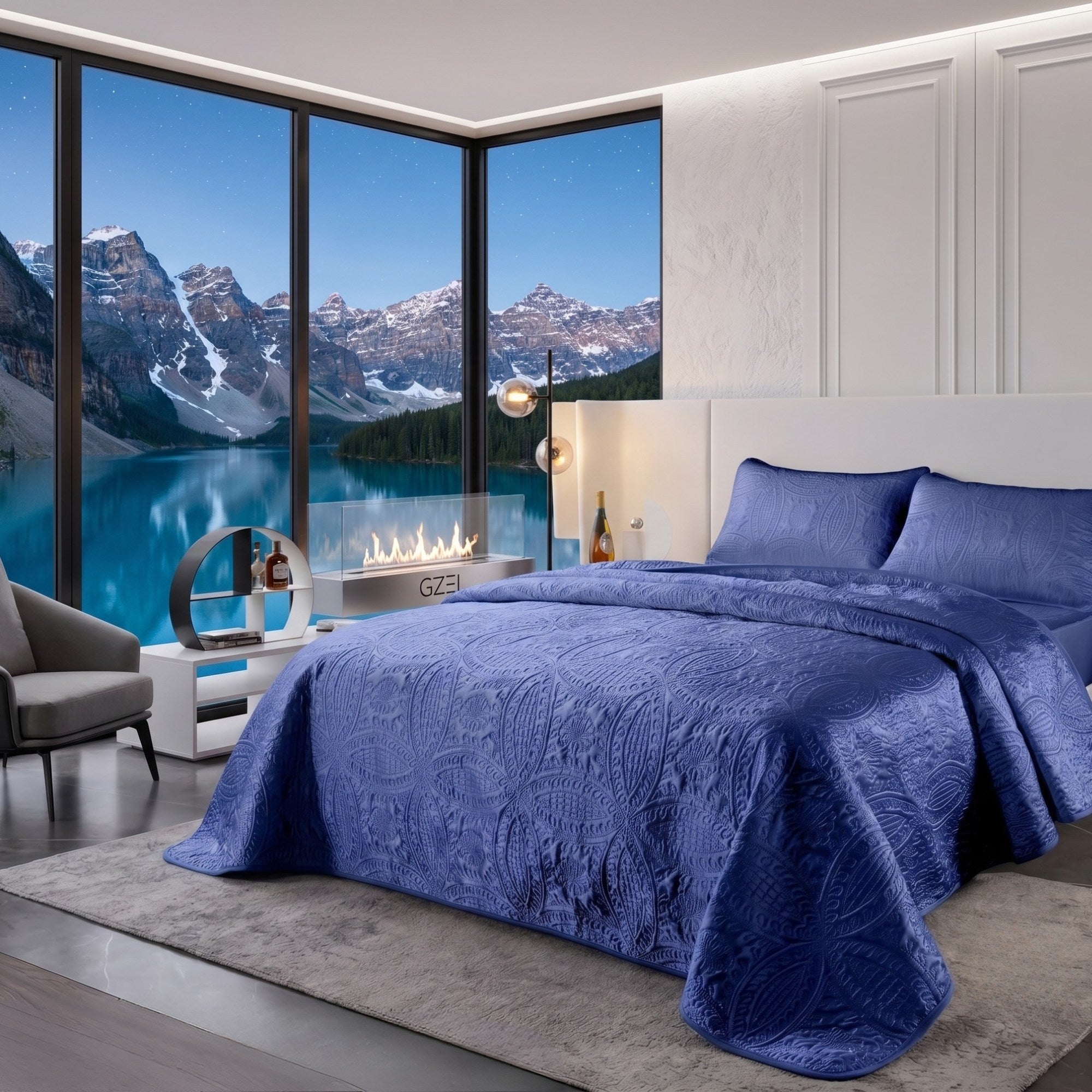 Blue Embossed Bedspread Set