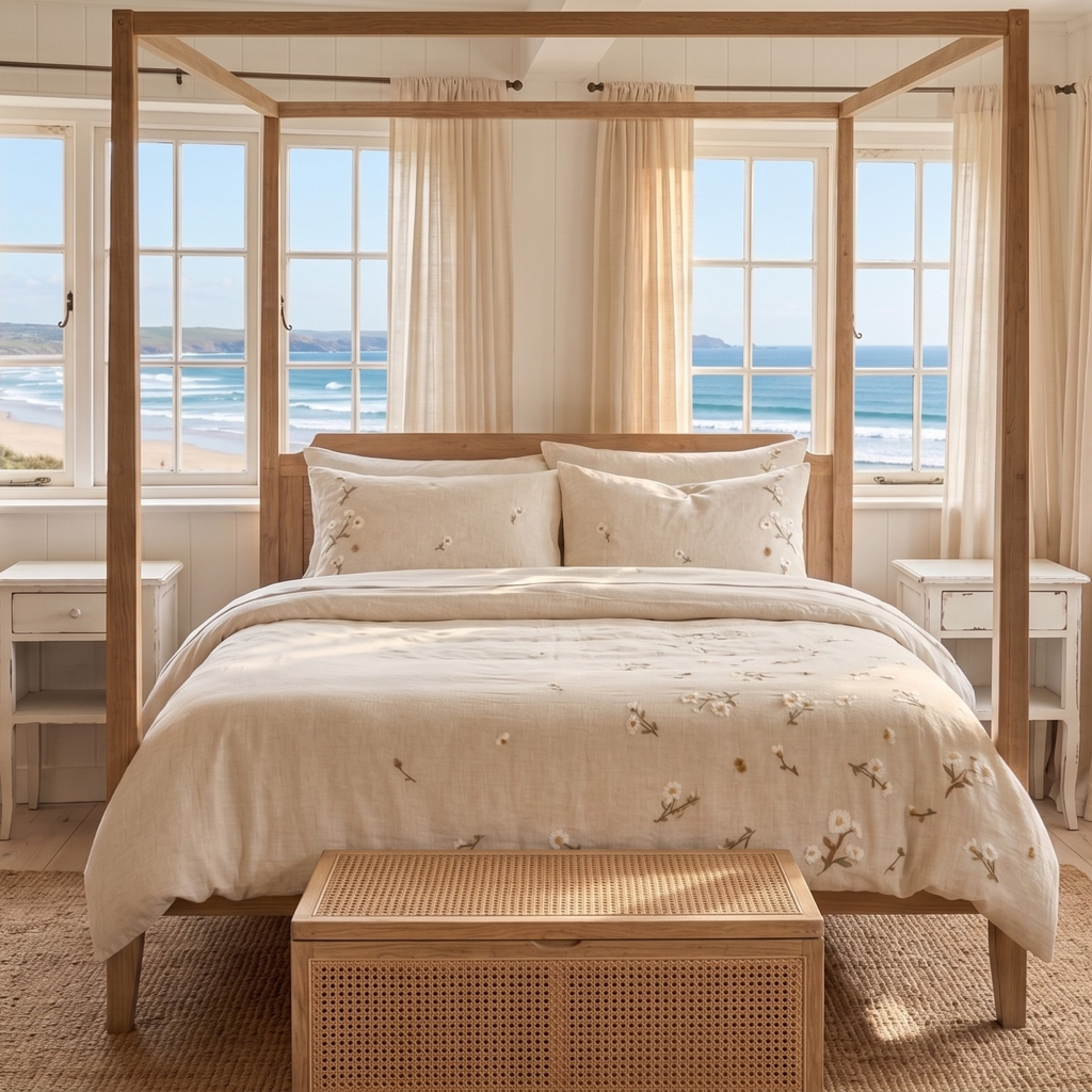 Floral Embroidered Bedding Set, Cotton Linen Duvet Cover, Sheet & Pillowcases