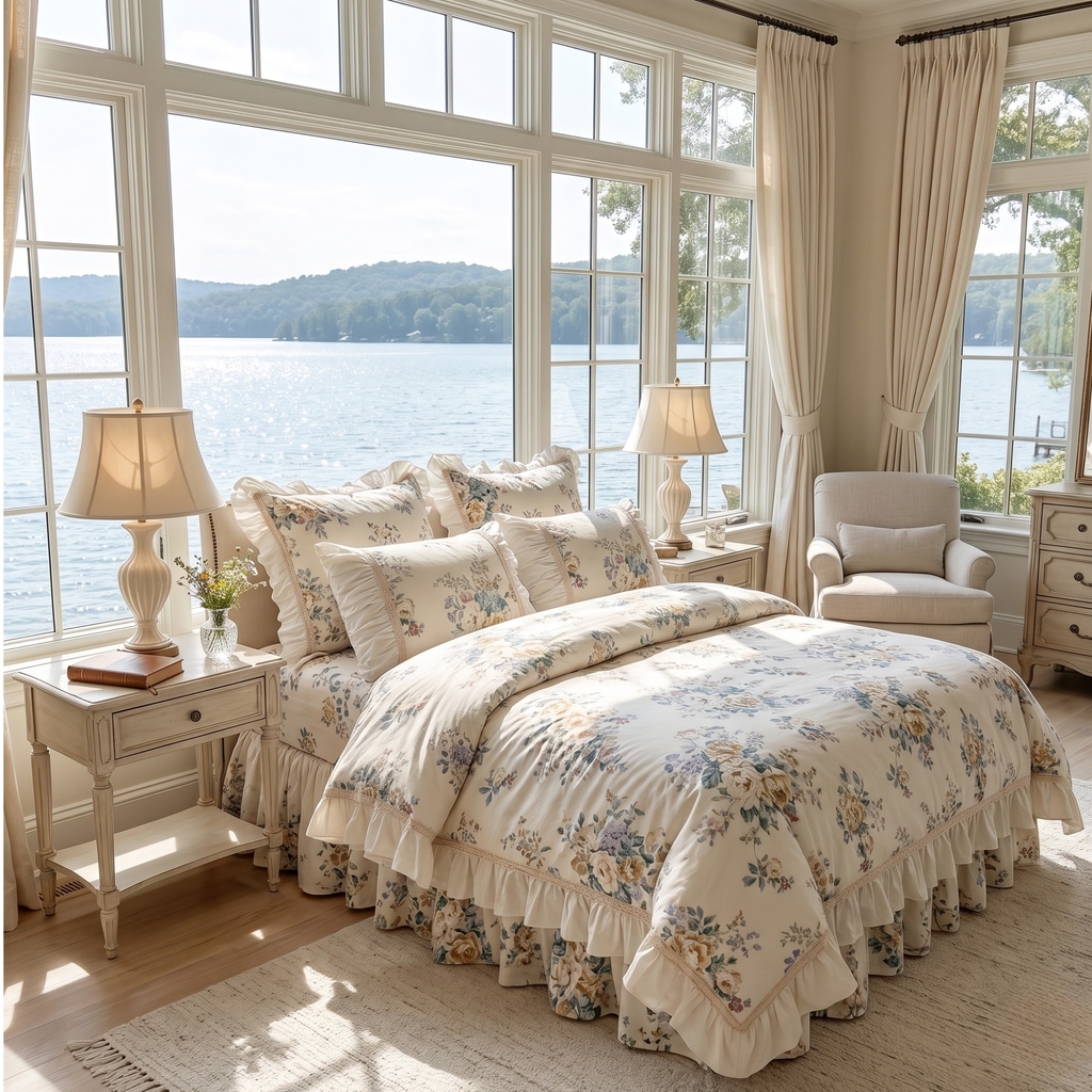 Floral Cotton Bedding Set with Ruffled Bed Skirt – Romantic Cottage Bedroom