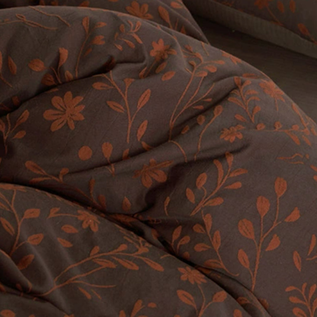 Vintage Jacquard Cotton Bedding Set | Chocolate Brown Botanical Duvet Cover | Luxury 100% Cotton