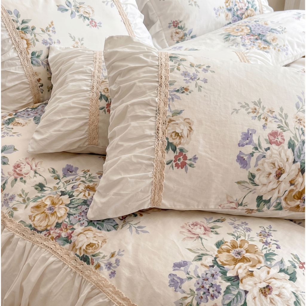 Floral Cotton Bedding Set with Ruffled Bed Skirt – Romantic Cottage Bedroom