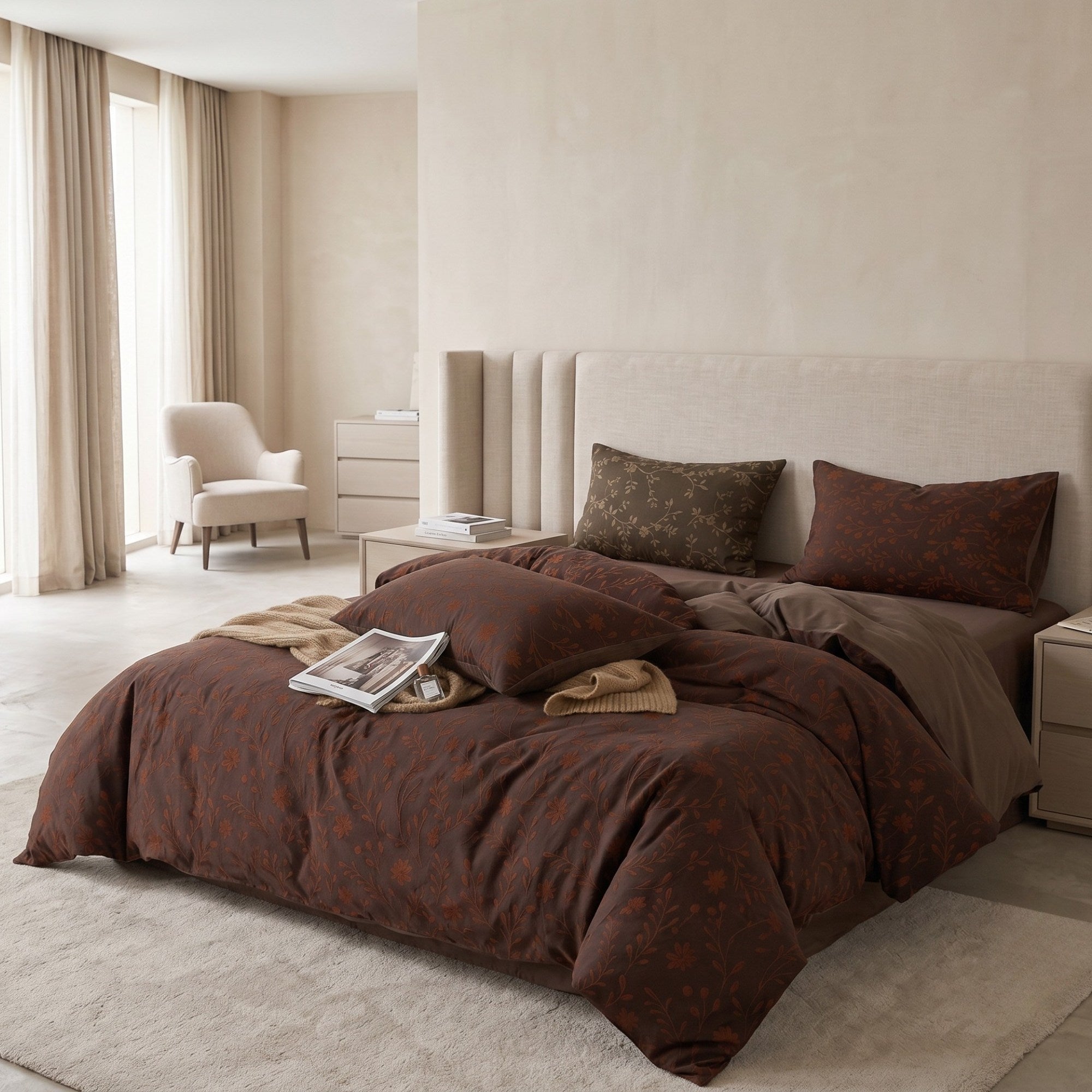 Vintage Jacquard Cotton Bedding Set | Chocolate Brown Botanical Duvet Cover | Luxury 100% Cotton