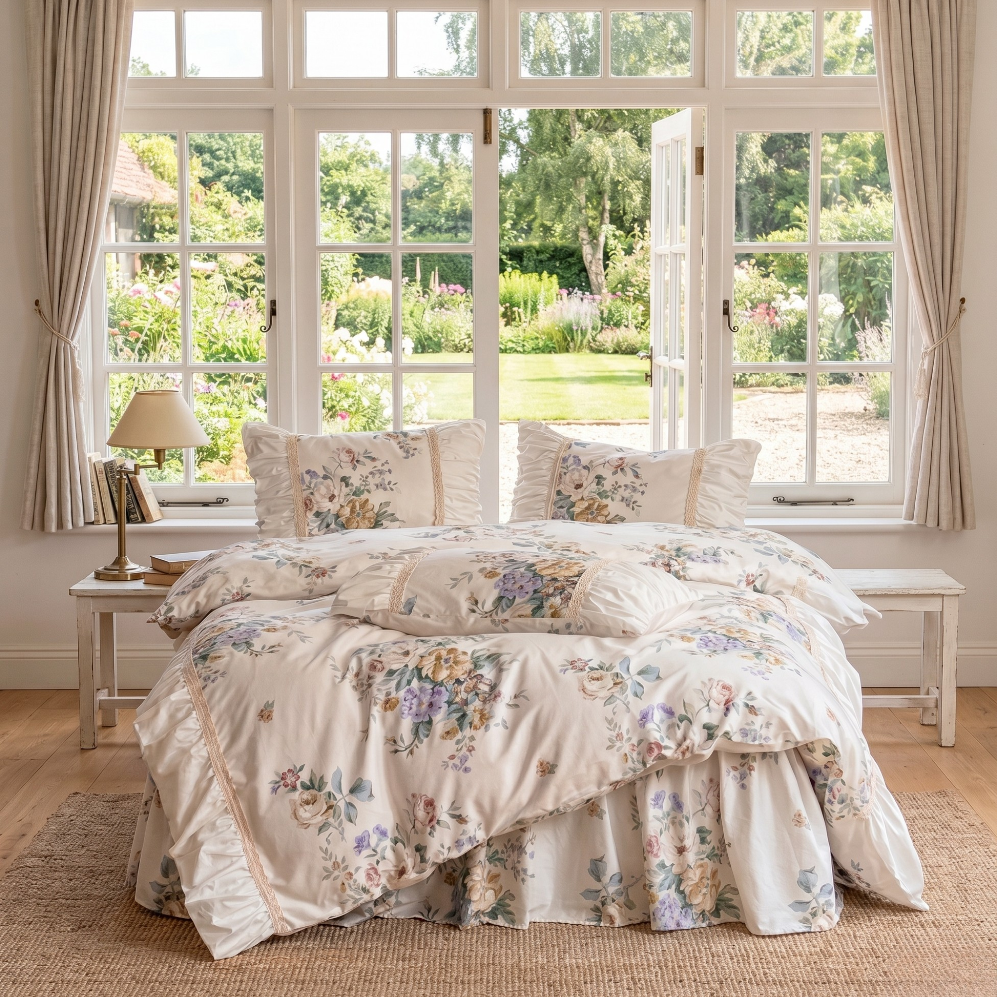 Floral Cotton Bedding Set with Ruffled Bed Skirt – Romantic Cottage Bedroom