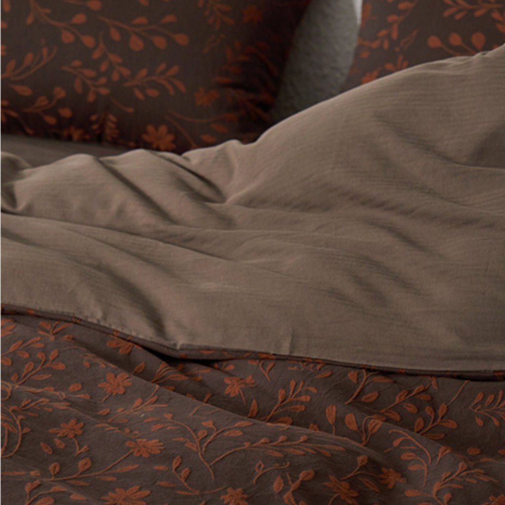 Vintage Jacquard Cotton Bedding Set | Chocolate Brown Botanical Duvet Cover | Luxury 100% Cotton