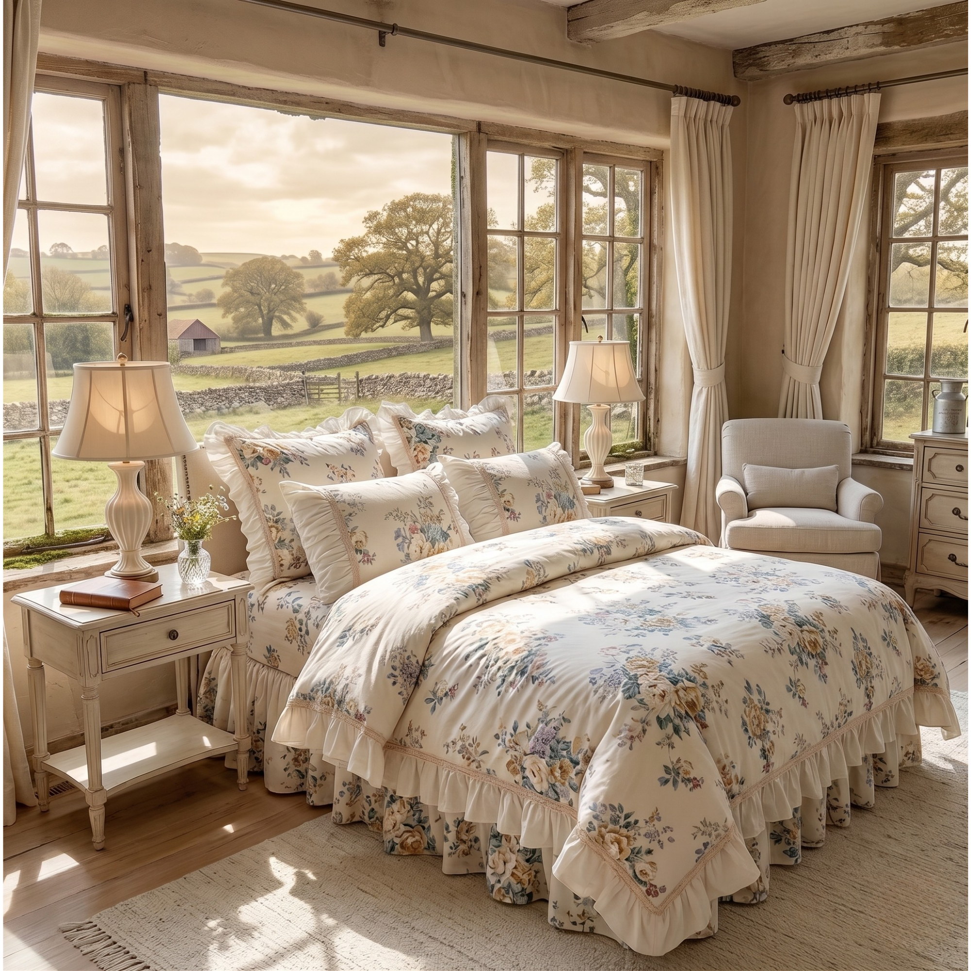 Floral Cotton Bedding Set with Ruffled Bed Skirt – Romantic Cottage Bedroom