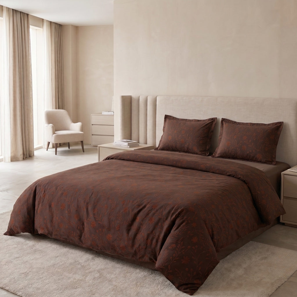Vintage Jacquard Cotton Bedding Set | Chocolate Brown Botanical Duvet Cover | Luxury 100% Cotton