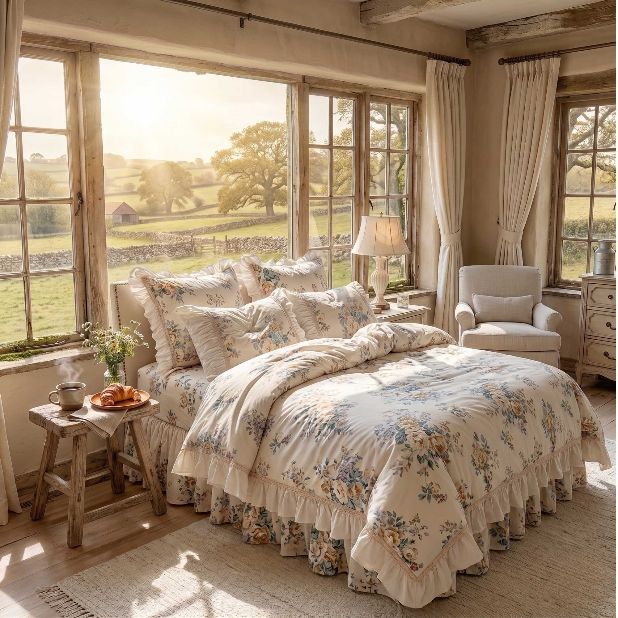 Floral Cotton Bedding Set with Ruffled Bed Skirt – Romantic Cottage Bedroom