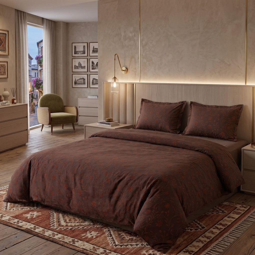 Vintage Jacquard Cotton Bedding Set | Chocolate Brown Botanical Duvet Cover | Luxury 100% Cotton