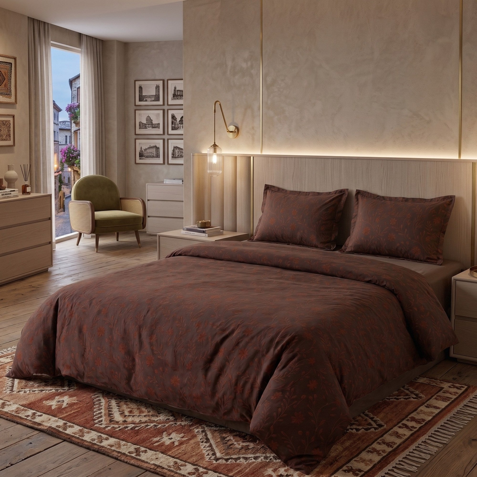 Vintage Jacquard Cotton Bedding Set | Chocolate Brown Botanical Duvet Cover | Luxury 100% Cotton