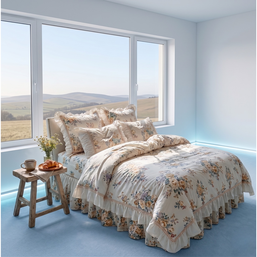 Floral Cotton Bedding Set with Ruffled Bed Skirt – Romantic Cottage Bedroom