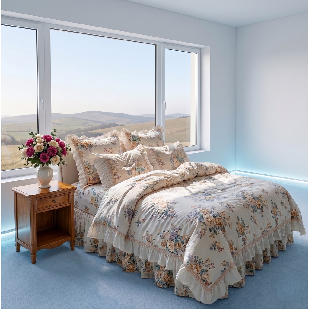 Floral Cotton Bedding Set with Ruffled Bed Skirt – Romantic Cottage Bedroom