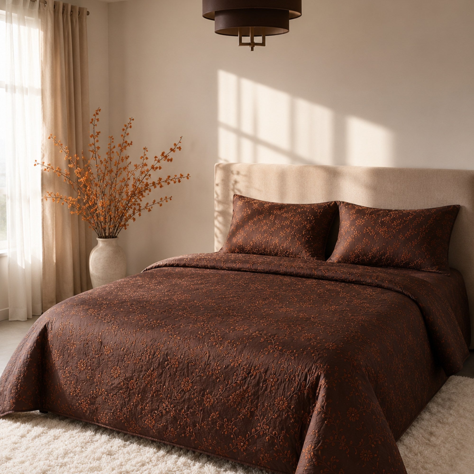 Vintage Jacquard Cotton Bedding Set | Chocolate Brown Botanical Duvet Cover | Luxury 100% Cotton