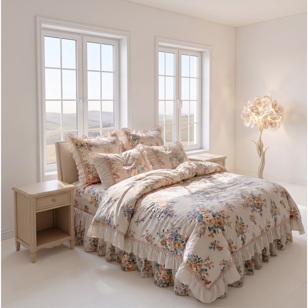 Floral Cotton Bedding Set with Ruffled Bed Skirt – Romantic Cottage Bedroom
