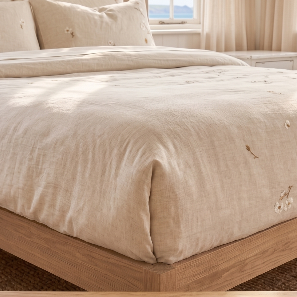 Floral Embroidered Bedding Set, Cotton Linen Duvet Cover, Sheet & Pillowcases