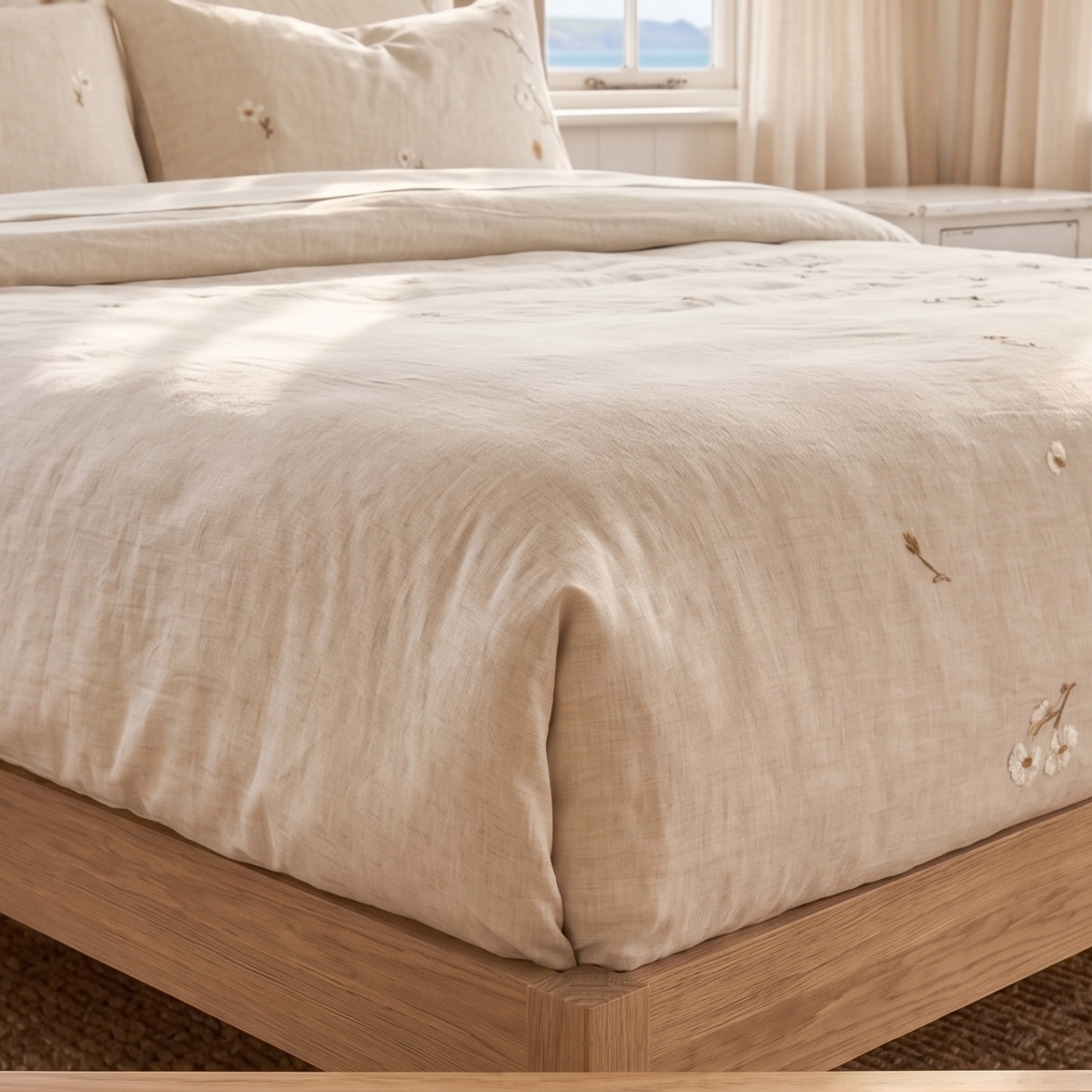Floral Embroidered Bedding Set, Cotton Linen Duvet Cover, Sheet & Pillowcases
