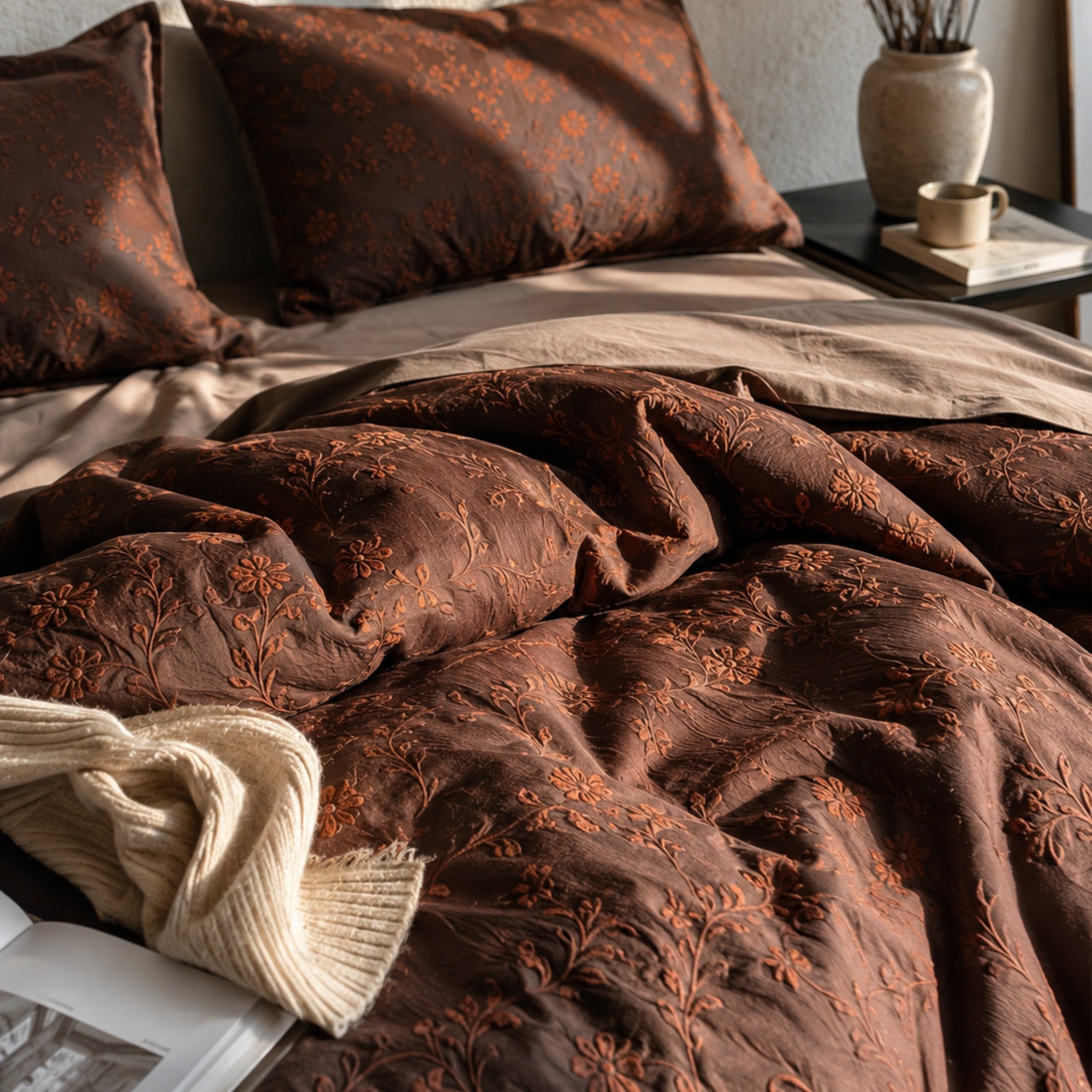 Vintage Jacquard Cotton Bedding Set | Chocolate Brown Botanical Duvet Cover | Luxury 100% Cotton