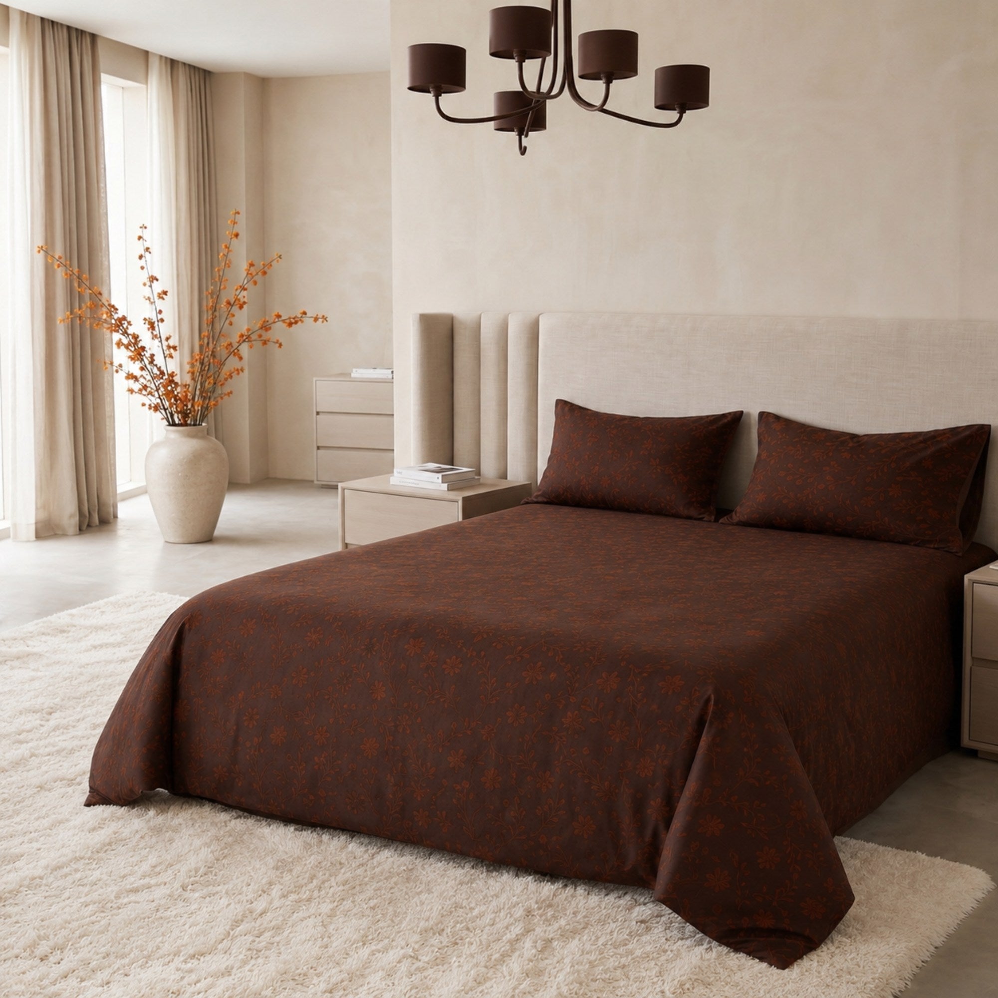 Vintage Jacquard Cotton Bedding Set | Chocolate Brown Botanical Duvet Cover | Luxury 100% Cotton